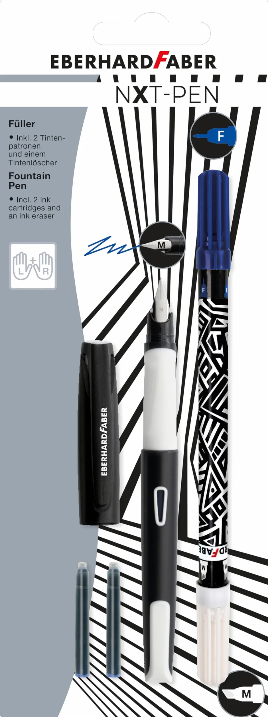 EBERHARD FABER 551001 Set da scrittura NXT-PEN bianco/nero con penna stilografica, cancellino e cartucce d'inchiostro