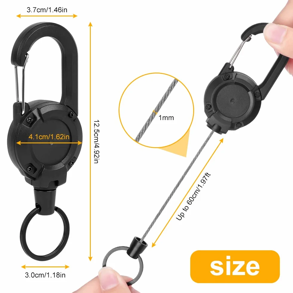 Portachiavi Retrattile Vicloon 2 Pezzi Clip a Bobina Allungabile con Cavo Acciaio 60cm Nero