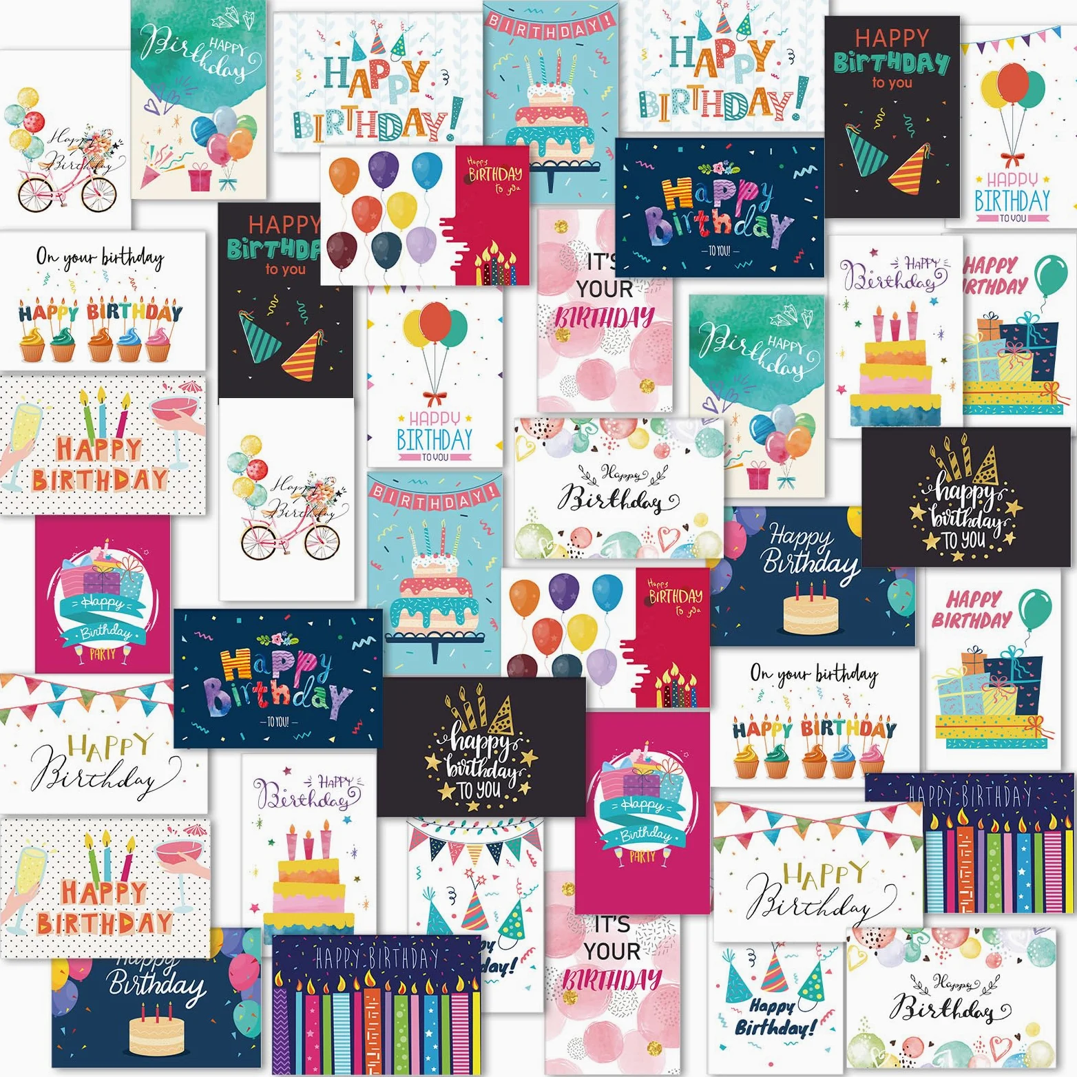 Harloon Confezione da 200 biglietti di auguri di buon compleanno, assortiti, con buste vuote e adesivi, 10 x 15 cm, biglietti di auguri vuoti per donne, uomini, bambini e adulti, 20 stili (colorati)