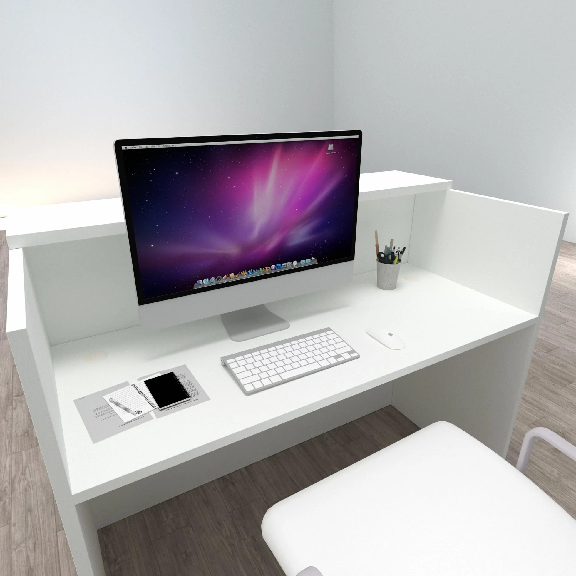 Henor Bancone Reception Ebro. 110 x 60/75 x 110 cm. Legno Con tavolo interno. Ideale per ufficio, reception, attenzione, commercio. Bianco Opaco