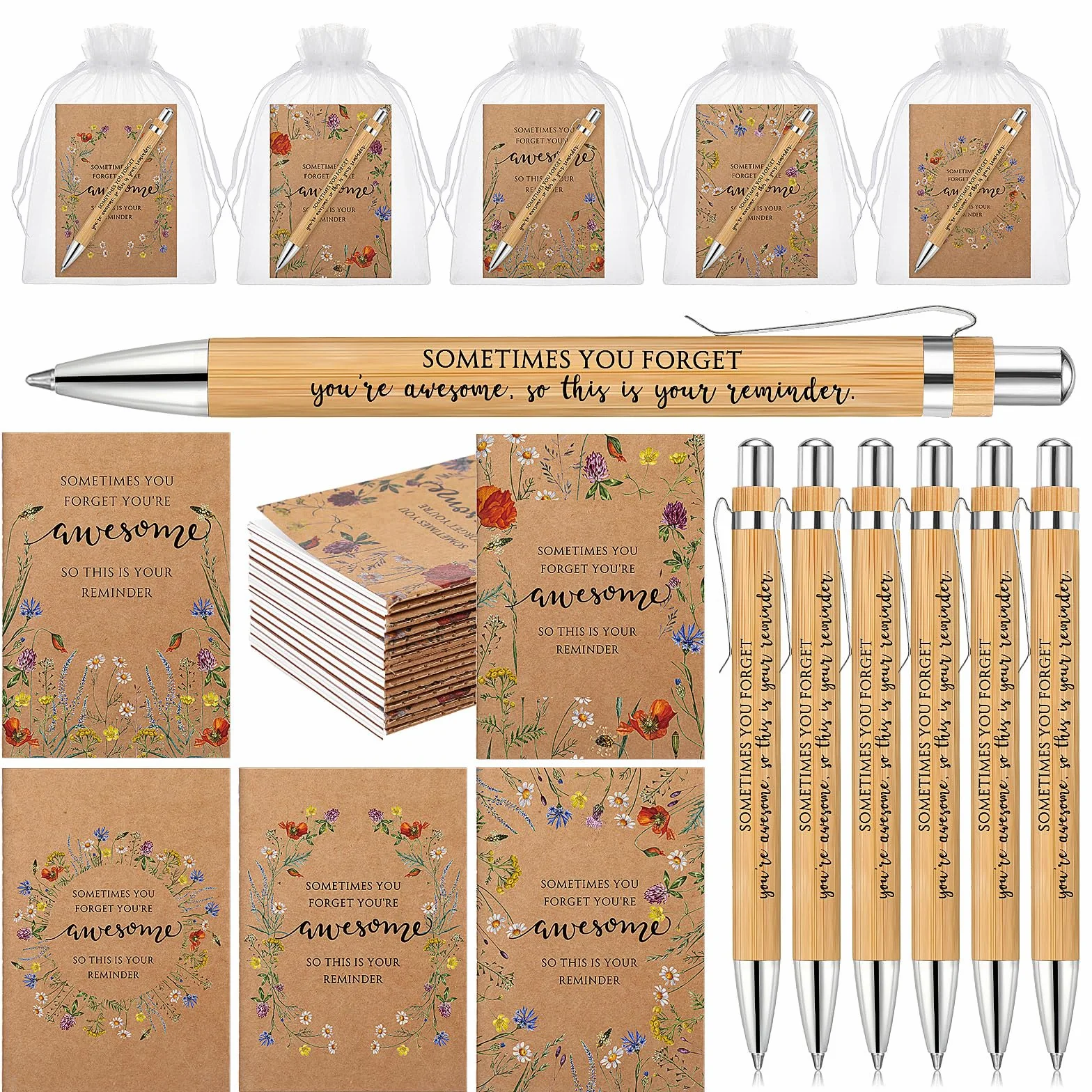 Sayglossy Set di 30 quaderni ispiratori, regali di apprezzamento per donne, dipendenti, quaderni in carta kraft, penne a sfera in bambù con sacchetti in organza, per la festa della mamma, insegnanti,