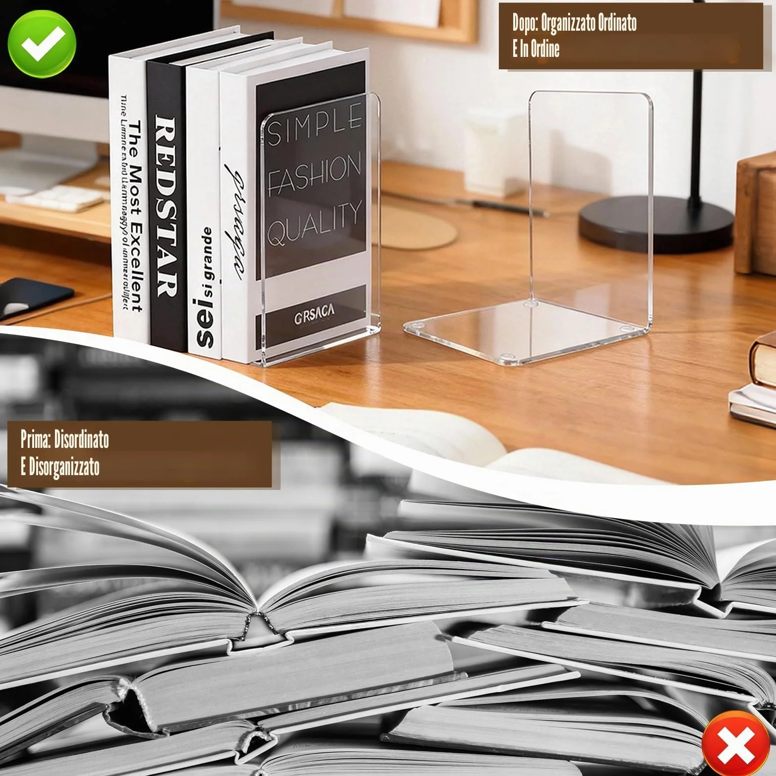 Fermalibri in Acrilico Trasparente 6 Pezzi con Tappetini Antiscivolo, Spessore 3 mm, 10x10x13 cm per Libreria
