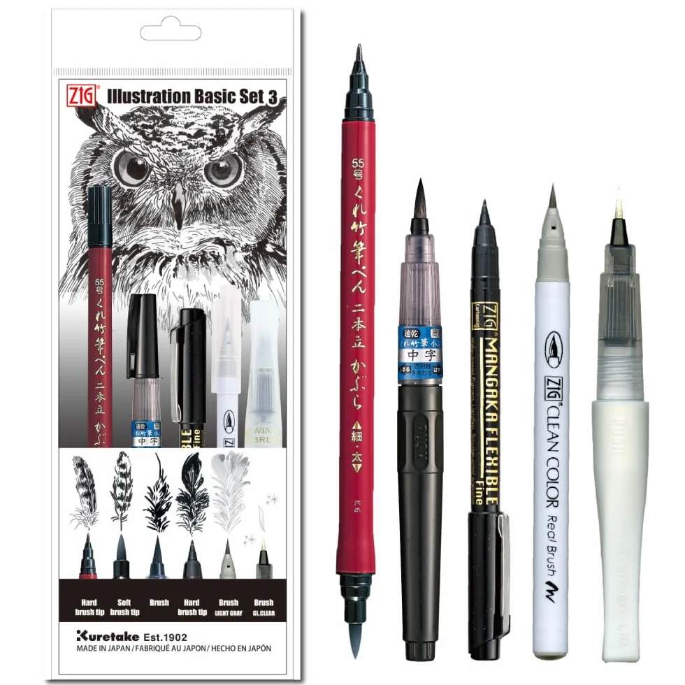 Kuretake Zig Illustration Basic Set No.3, 5 Variety Pens, Fude Brush Pens, Glitter Pen, for Inktober, Manga, Drawing