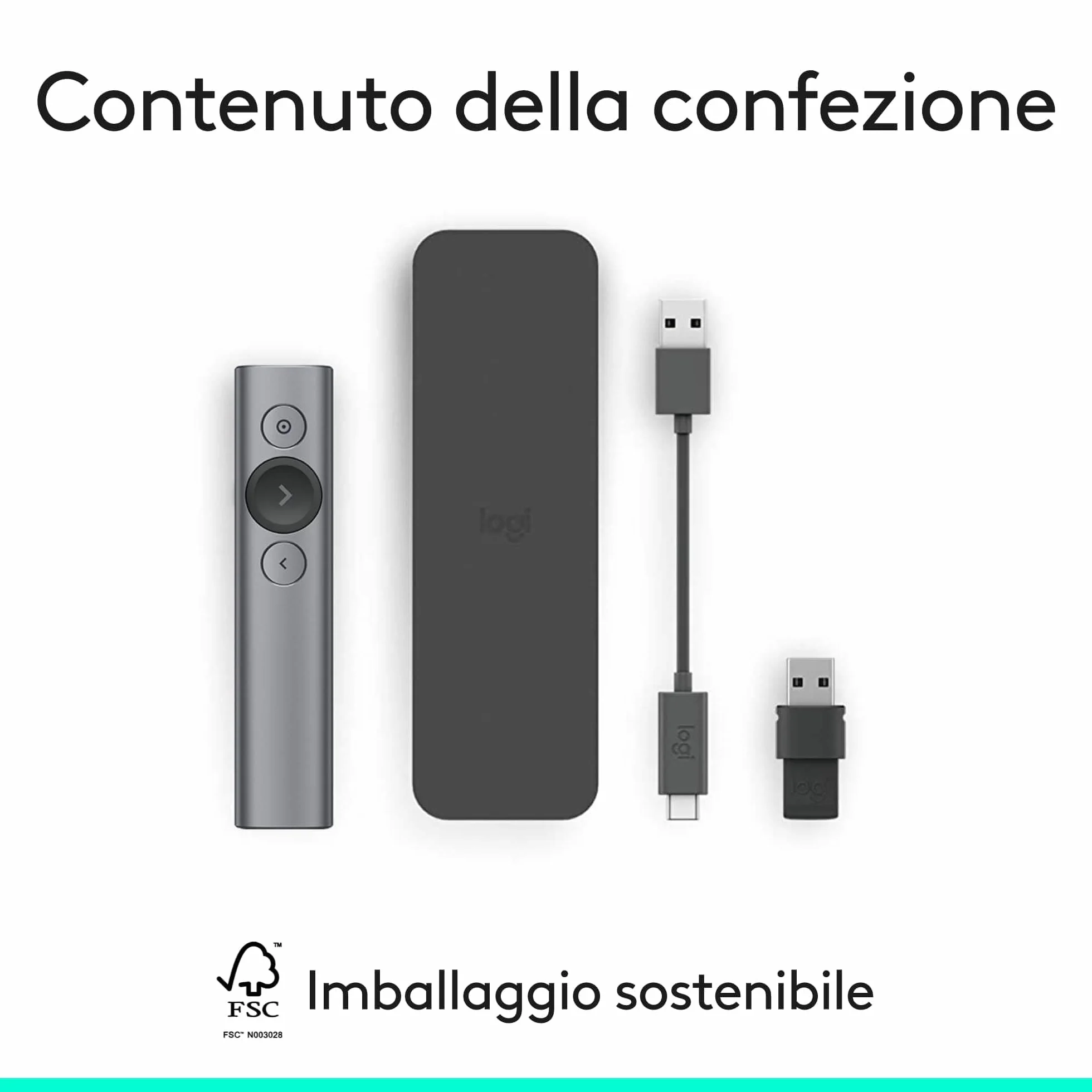 Logitech Spotlight Presenter, Puntatore Laser per Presentazioni Wireless, 2,4 GHz e Bluetooth, ‎Ricevitore USB, Puntatore Laser Digitale, Portata 30 Metri, Timer, PC/Mac/Android/iOS - ‎Grigio
