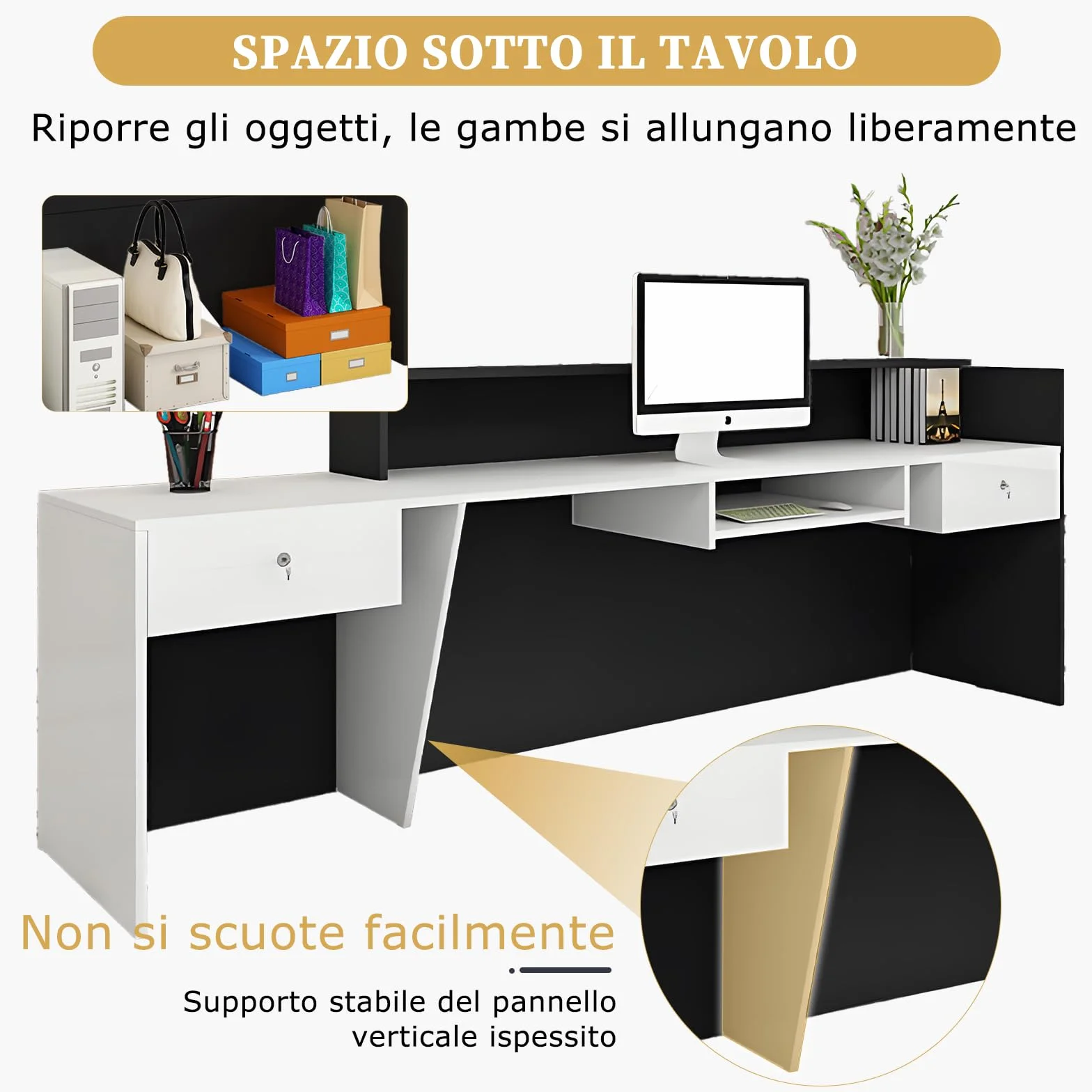 Bancone Reception, Banco Reception con Cassetto e Ripiani Aperti, Banconi Reception da 100–240 cm, Moderno per Ufficio, Adatto per Saloni, Yffici, Hall, Negozi al Ddettaglio