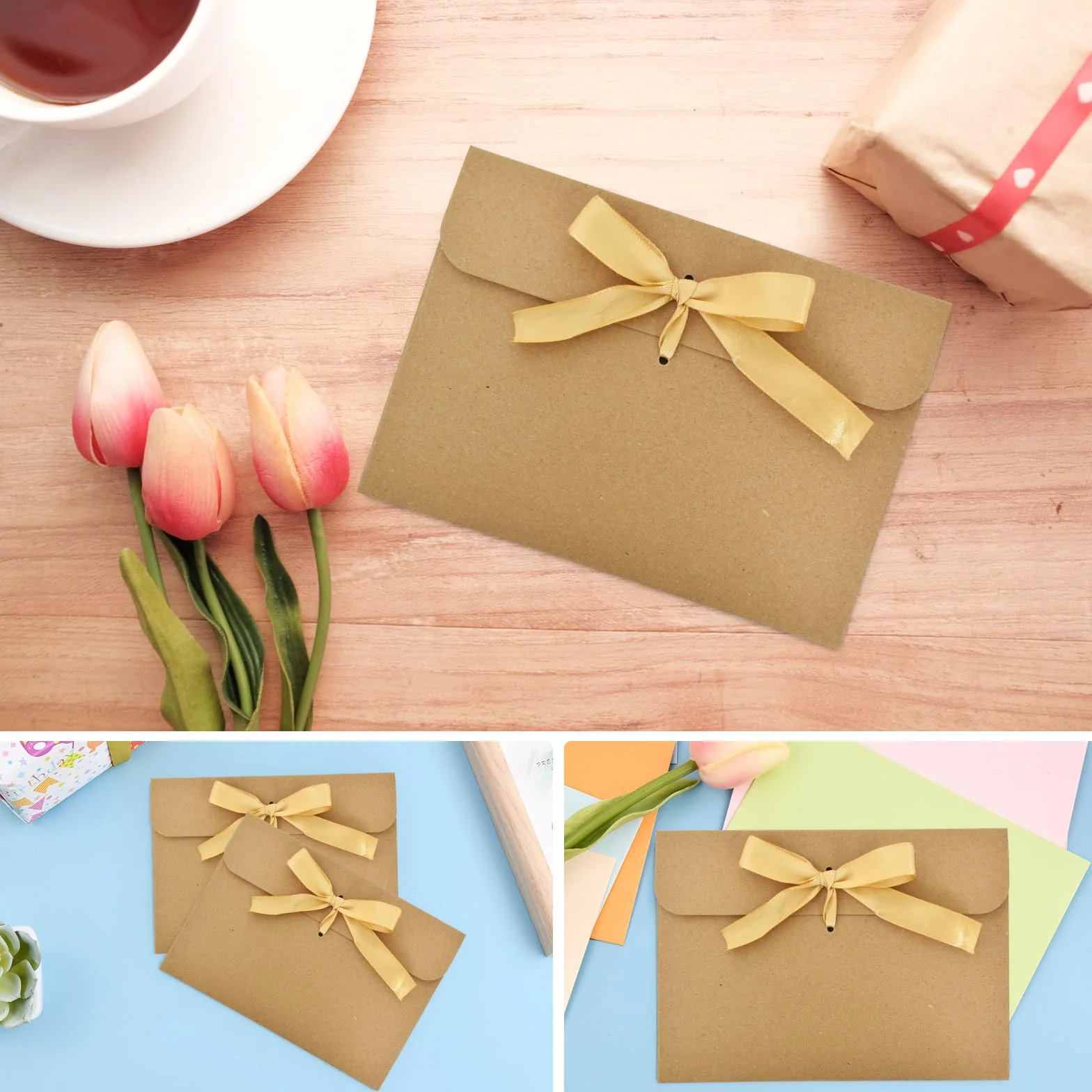 Buste in Carta Kraft con Nastro, 50 Pezzi, DIY per Regalo Vintage, Inviti, Cartoline, Biglietti (Dorato Nastro)