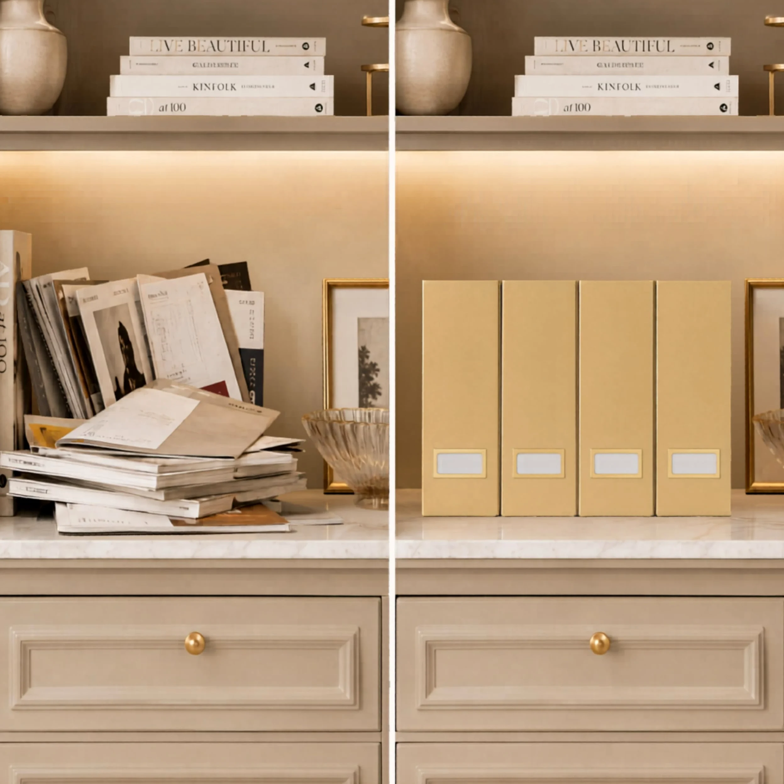 Blu Monaco Portariviste Pieghevole in Oro con Porta Etichette Oro - Set di 4 scatole Porta riviste in Cartone - Accessori da scrivania Dorati
