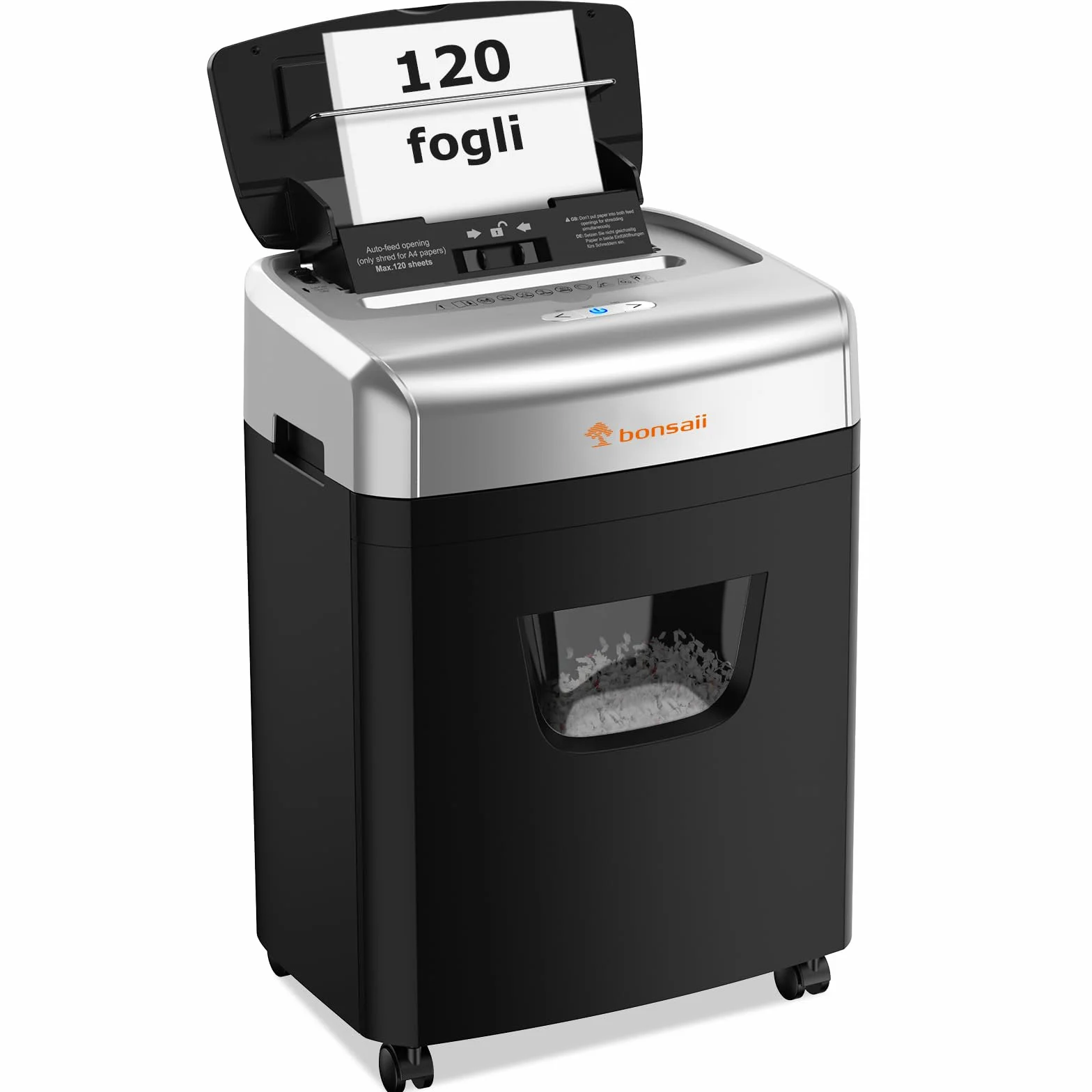Bonsaii Distruggidocumenti da 120 fogli con alimentazione automatica, taglio a particelle P-4, estremamente silenzioso con 62 dB, contenitore da 23 litri e 4 ruote, trituratore a microtaglio
