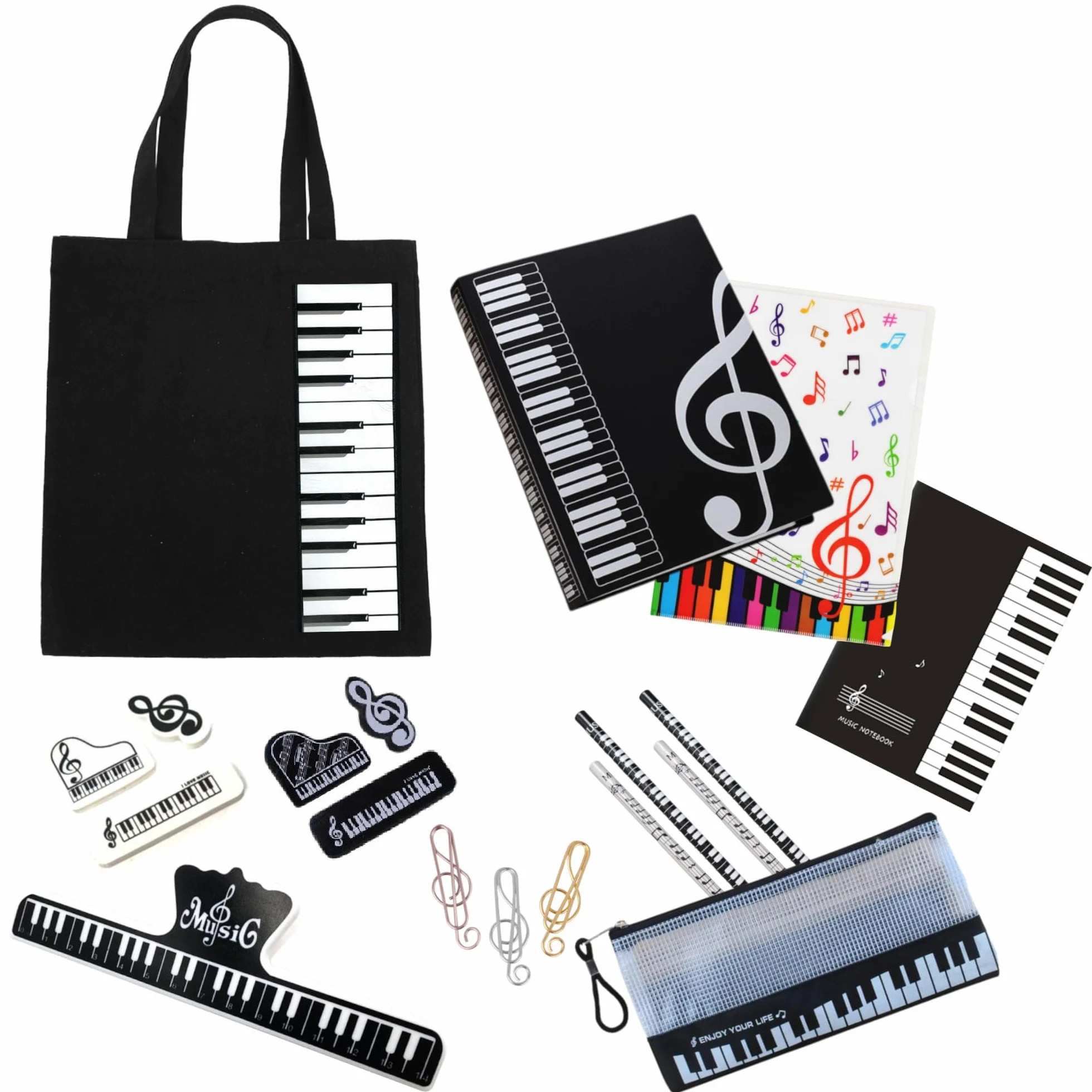 GOOGIT Set Musica 17 Pezzi Raccoglitore Spartiti Quaderno Pentagrammato Borsa Cotone Astuccio Matite Cancelleria Pianoforte Scuola Back to School (Luxury Black)