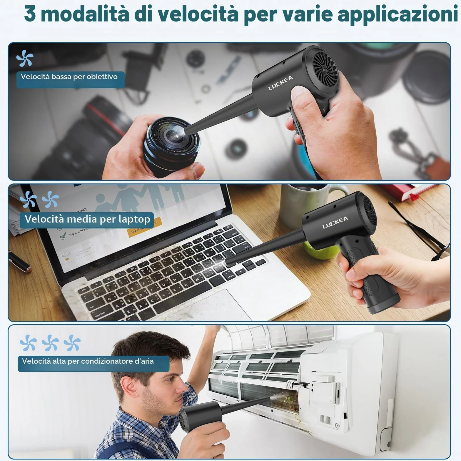 LUCKEA Aria Compressa Elettrico Rimuovi Polvere - 3 Velocità Air Duster Mini Soffiatore Aspiratore a Batteria 6000 mAh, Kit Pulizia PC Tastiera Auto, Alternativa Allo Bomboletta Aria Compressa Spray