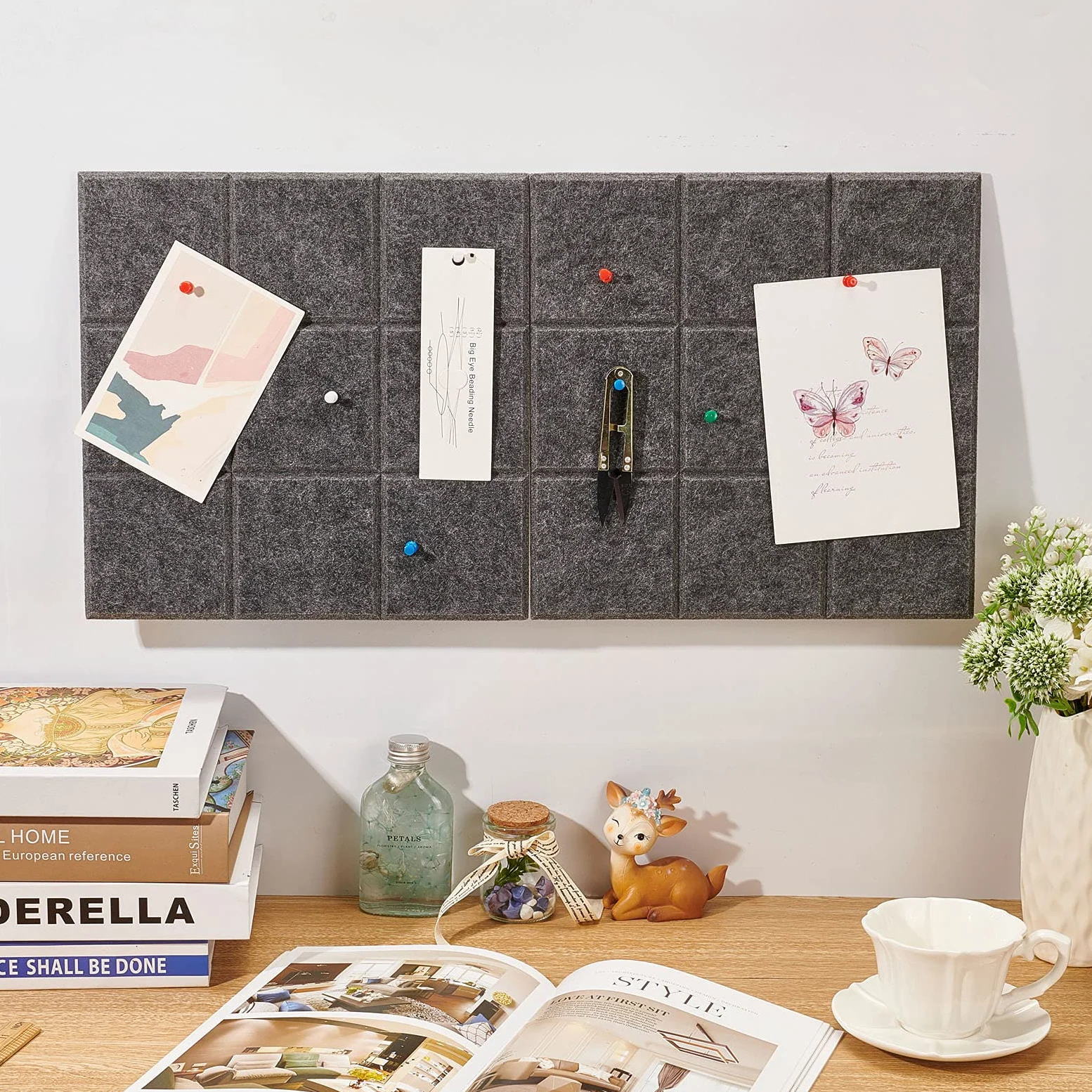 NBEADS Pannello in Feltro Quadrato da 4 Pezzo con 40 puntine A Pressione, Pannello Decorativo Fonoassorbente, Bacheca Memoin per La Decorazione di la Casa di L'Ufficio, Grigio,30x30cm