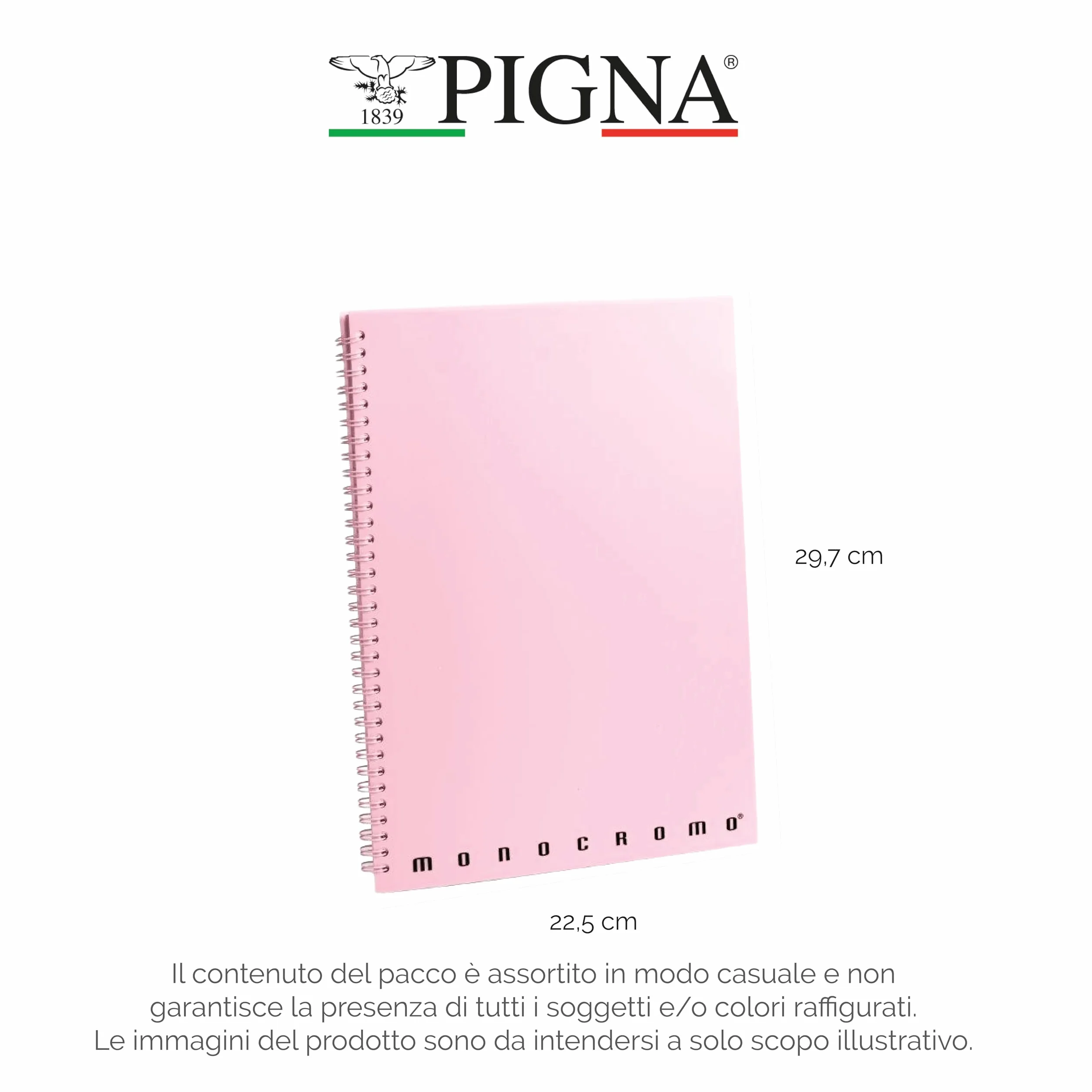 Pigna,Confezione 5 Quaderni Maxi A4 Spirale MONOCROMO Pastel,22x29,7 cm,4 Fori e Microperforazioni, 140 pagine, Carta 80 g/m², Copertina PPL,interno 5M,quadretto 5mm