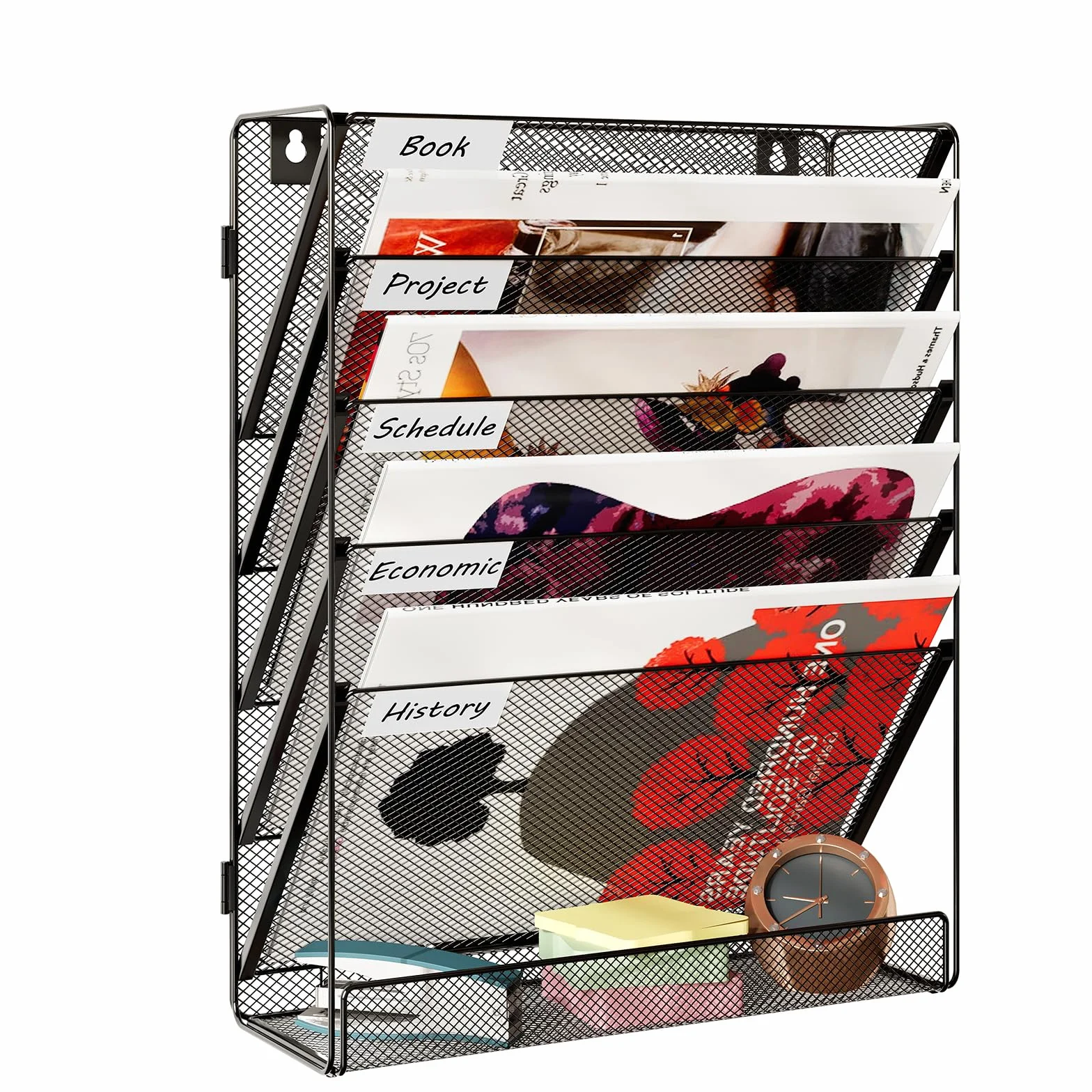 TQVAI Organizer Documenti Parete 6 Ripiani Portariviste da Parete Metallo Scaffale per Documenti A4 Organizzatore Libreria Scrivania Ufficio Casa, Nero