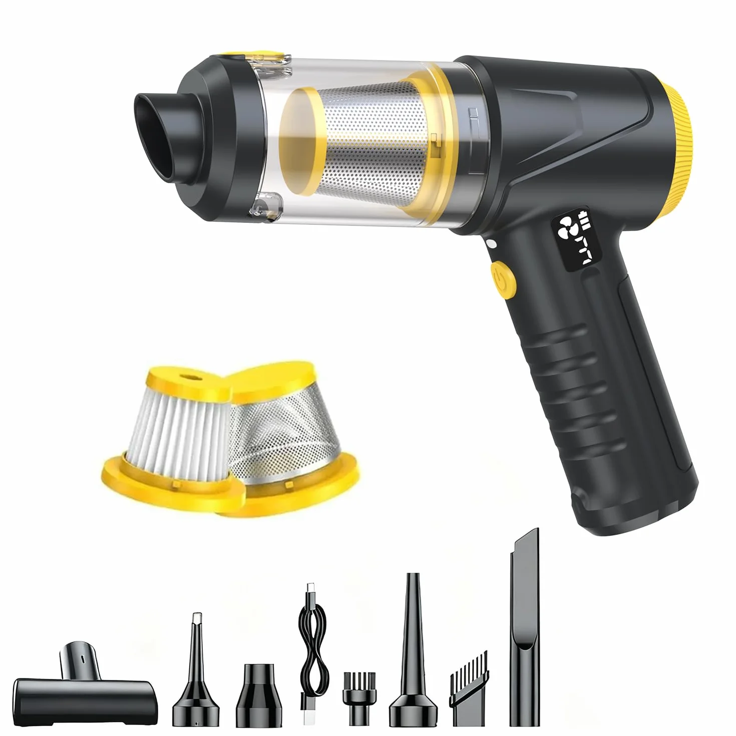 HKC 4 in 1 Soffiatore Aspiratore 110000RPM, Aria Compressa Elettrico 18000Pa, Air Duster Spolverino Motore Brushless, Aspirabriciole Senza Fili per Auto Casa Ufficio Peli Domestici schwarz