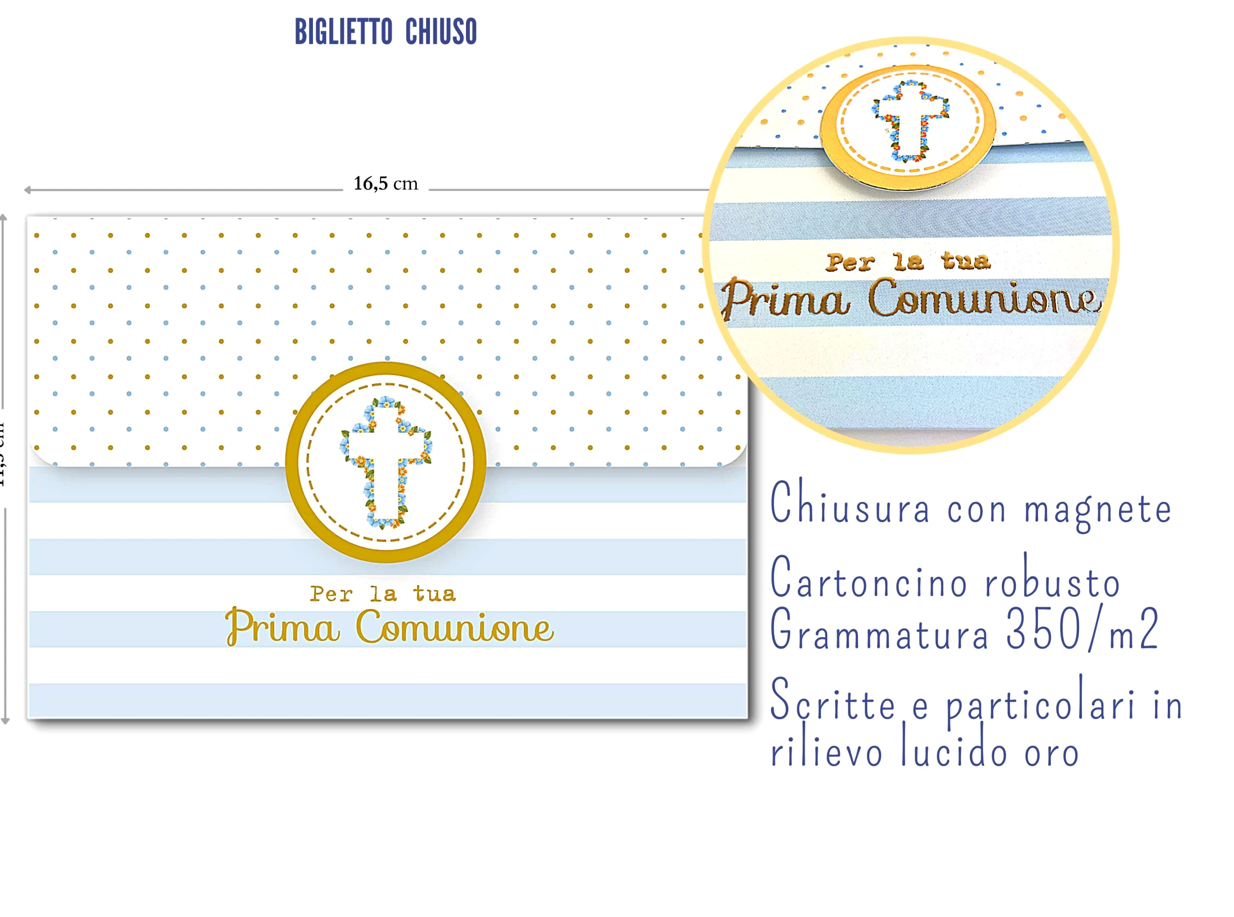 LINA OFFICINE GRAFICHE CREATIVE 56-560 Biglietto Auguri Comunione Bambino Portasoldi – Chiusura Magnetica, 11.50 x 16.50 cm, Comunione Strisce Azzurre