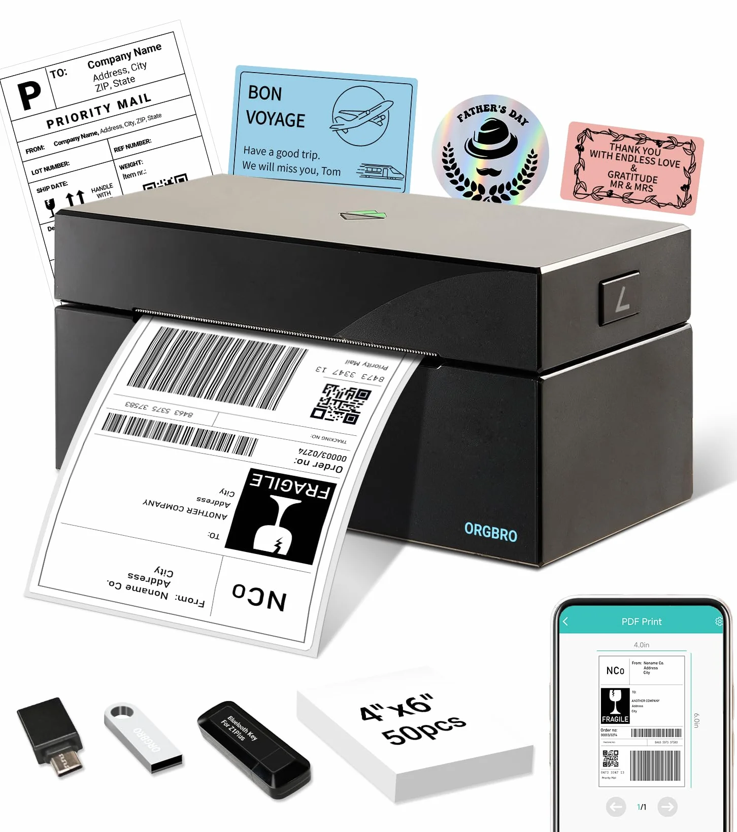Stampante Etichette ORGBRO Z1 Plus Bluetooth 4x6 Termica per Spedizione, Compatibile Amazon eBay Shopify, Nero