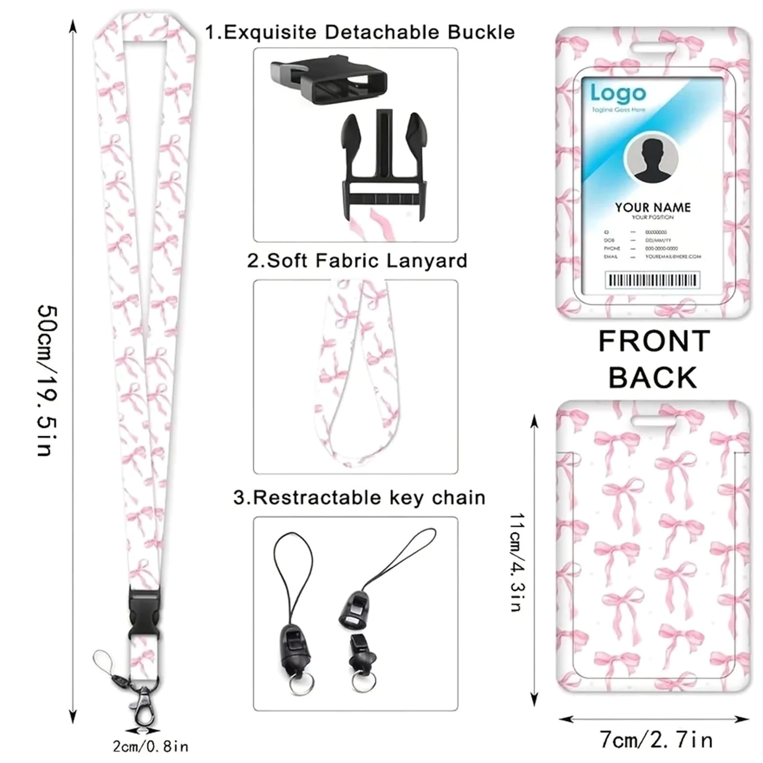 Porta badge, 10 pezzi, porta badge con pergamena estensibile, grazioso cordino staccabile con fiocco rosa, forniture per ufficio di bellezza da donna, per studenti, carte di credito (cordino a