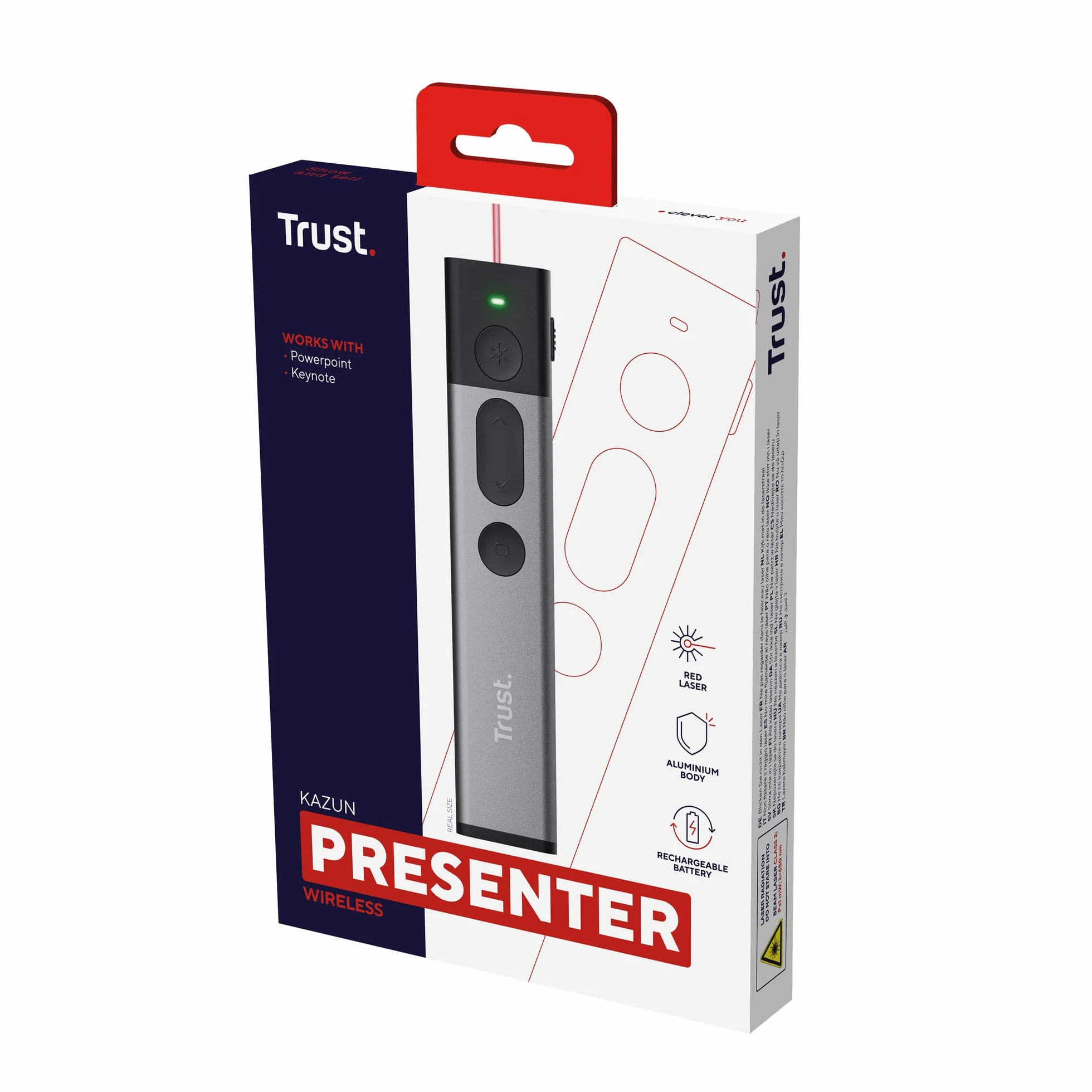Trust Kazun Dispositivo per Presentazioni Wireless, Design Moderno Ultrasottile, Portata del Segnale Wireless 30 metri, 4 Funzioni PowerPoint, Porta USB, Windows 10, 11, Grigio