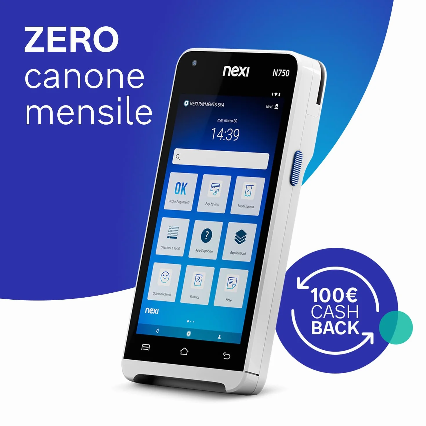 Nexi SmartPOS Mini con Cassa Fiscale integrata, Canone Zero, Pos Portatile Contactless e Lettore Elettronico per Pagamenti con Bancomat, Carta di Credito, Prepagata, Apple Pay e Google Pay