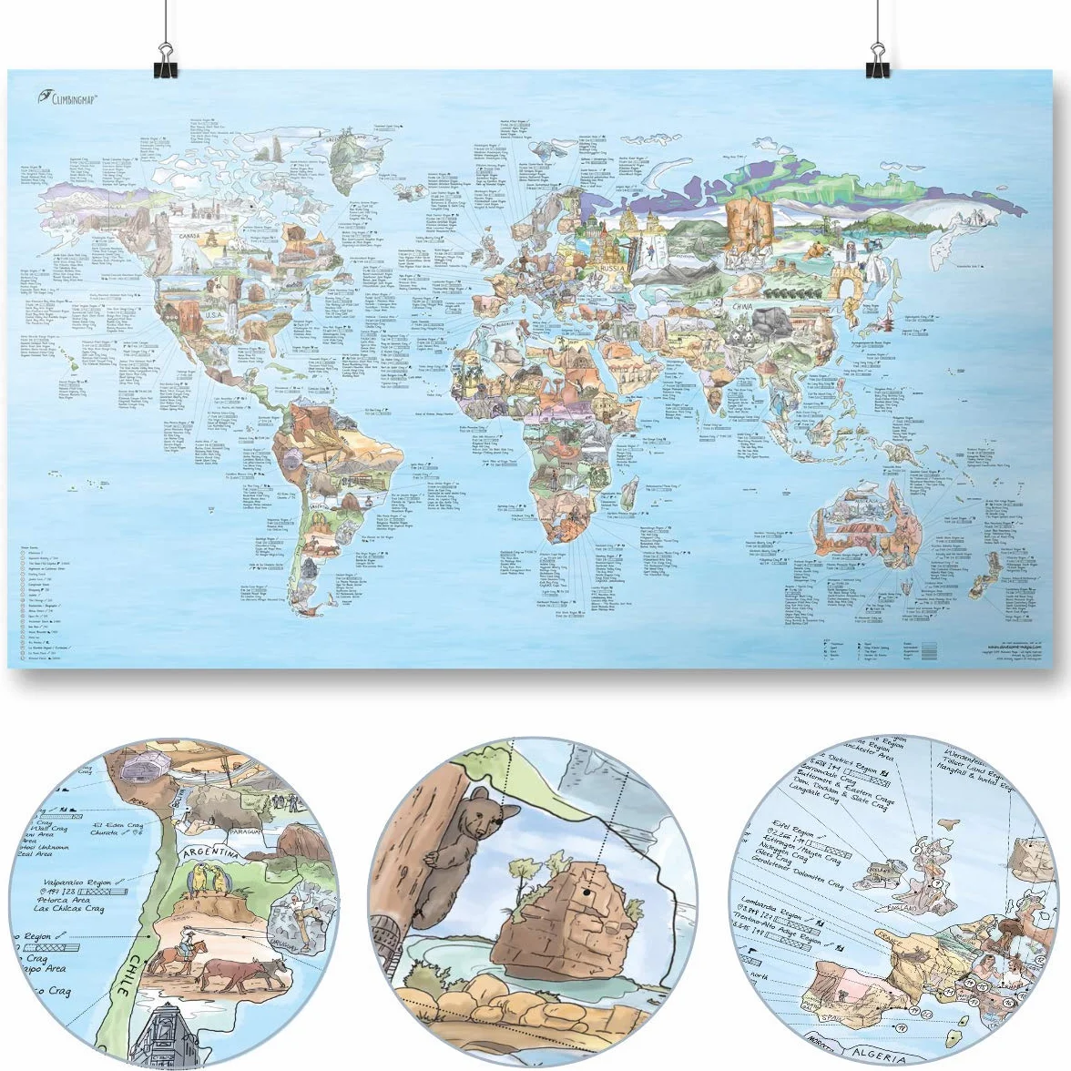 Climbing Map by Awesome Maps - Mappa del mondo illustrata per gli appassionati di arrampicata - riscrivibile - 97,5 x 56 cm