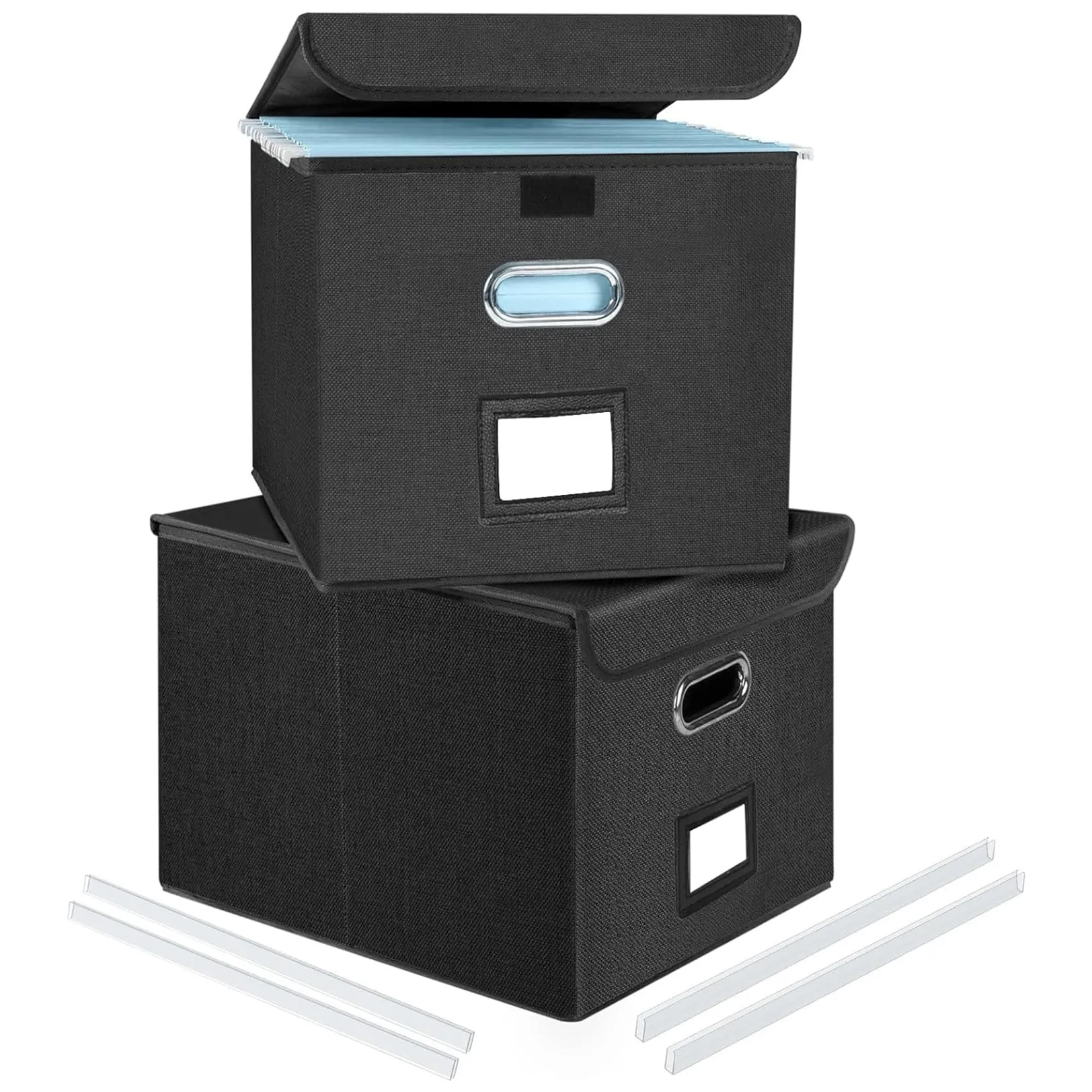 Okydoky Scatole portaoggetti con coperchio, formato A4, in fibra di fibra e carta, in elegante effetto lino, adatte per casa e ufficio, e scatole per file (nero-2p)