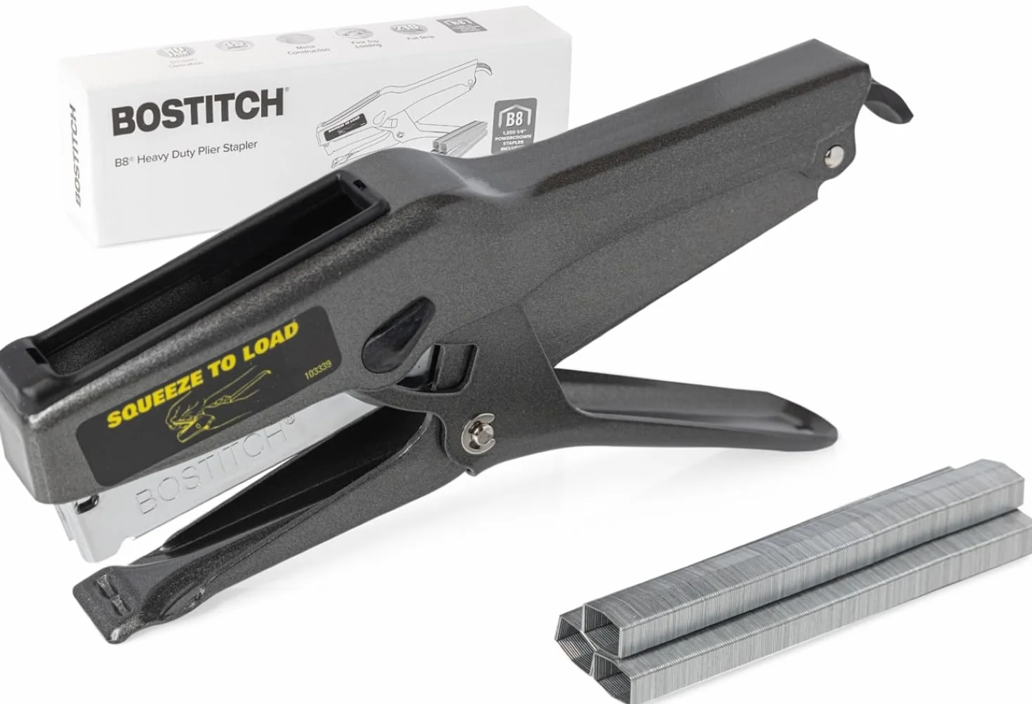 Bostitch Pinzatrice B8 per ufficio, resistente, con 1250 punti da 1/4", 45 fogli senza inceppamento, cucitrice industriale in metallo a striscia intera, capacità 210, per cartone, carta, tessuto