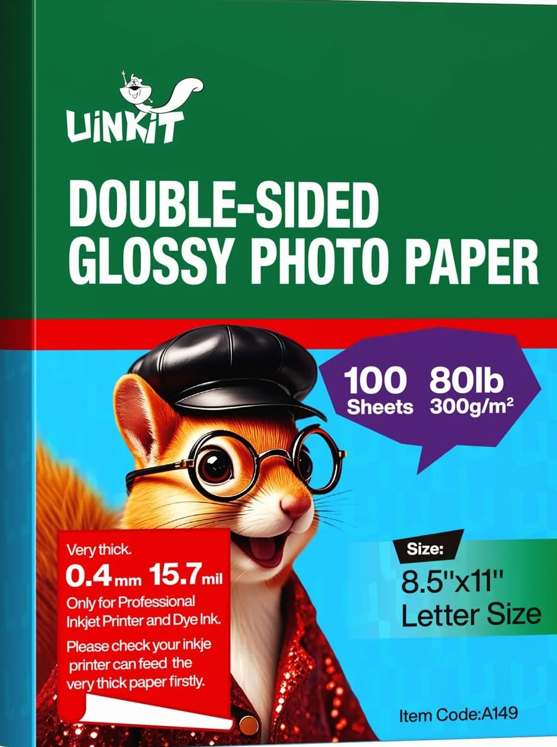 Uinkit 100 fogli di carta fotografica spessa e pesante a getto d'inchiostro double face lucida 36,3 kg 300 g/m2 15,7 mil per stampante a inchiostro colorato A149