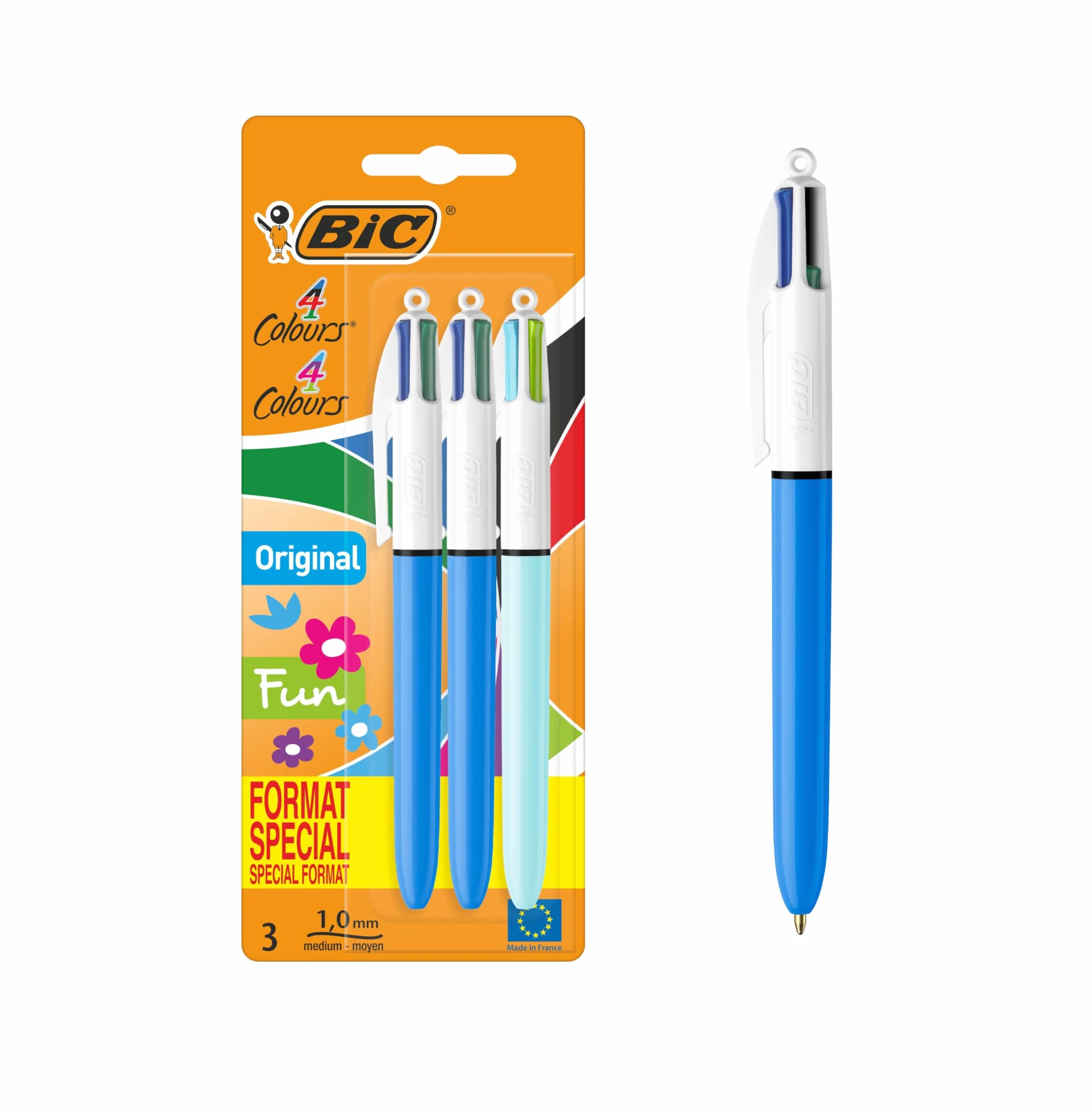 BIC 4Colori Fun, Penne a Sfera Multicolore a Scatto, Inchiostri Classici e Pastello, 3 Unità