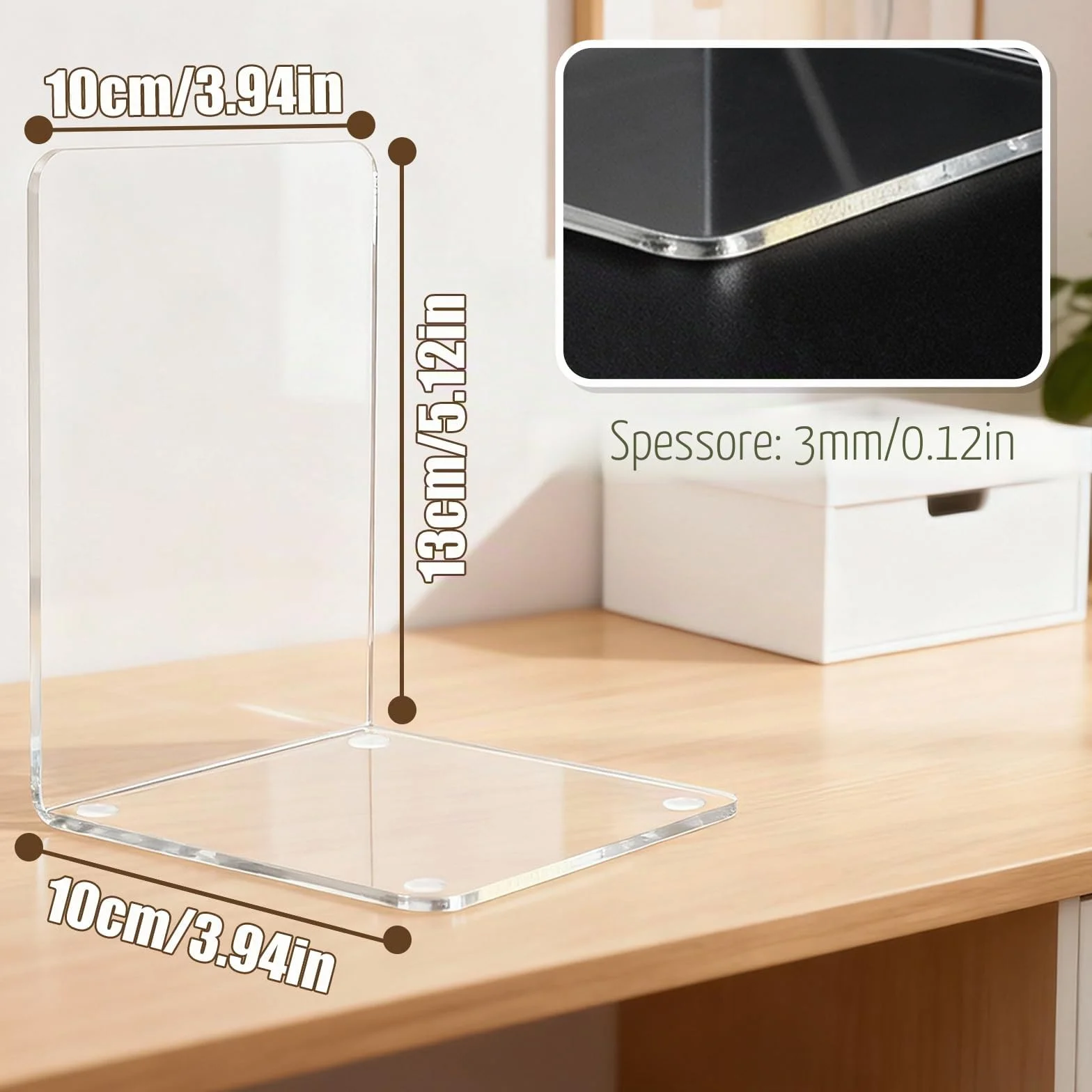 Fermalibri in Acrilico Trasparente 6 Pezzi con Tappetini Antiscivolo, Spessore 3 mm, 10x10x13 cm per Libreria