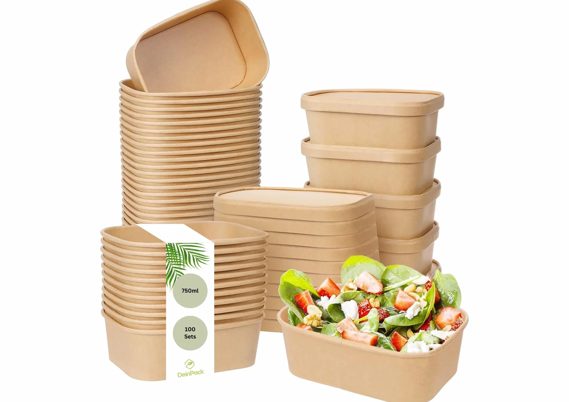 Ciotole per insalata to go rettangolari 750 ml 17,3 x 12 x 5,7 cm con coperchio carta kraft marrone
