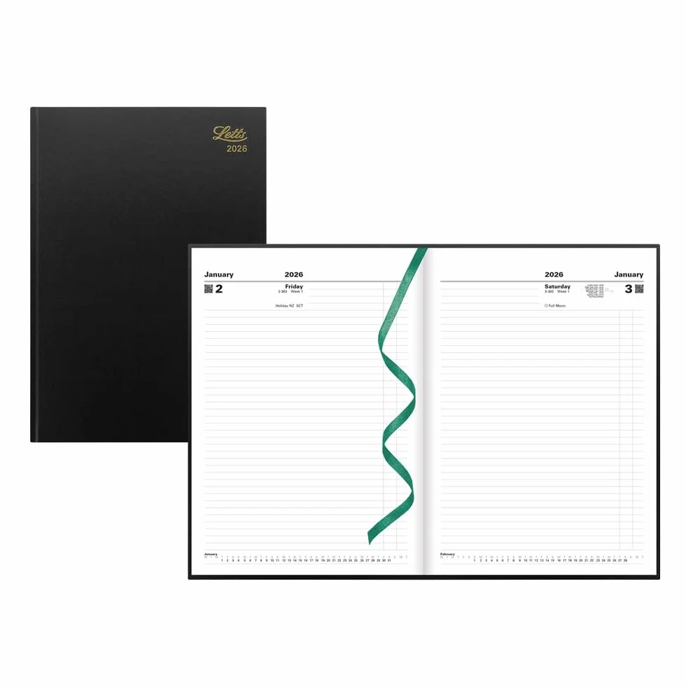 LETTS Agenda giornaliera standard A4, senza tempo, rilegatura perfetta, copertina rigida effetto pelle, inglese, nero