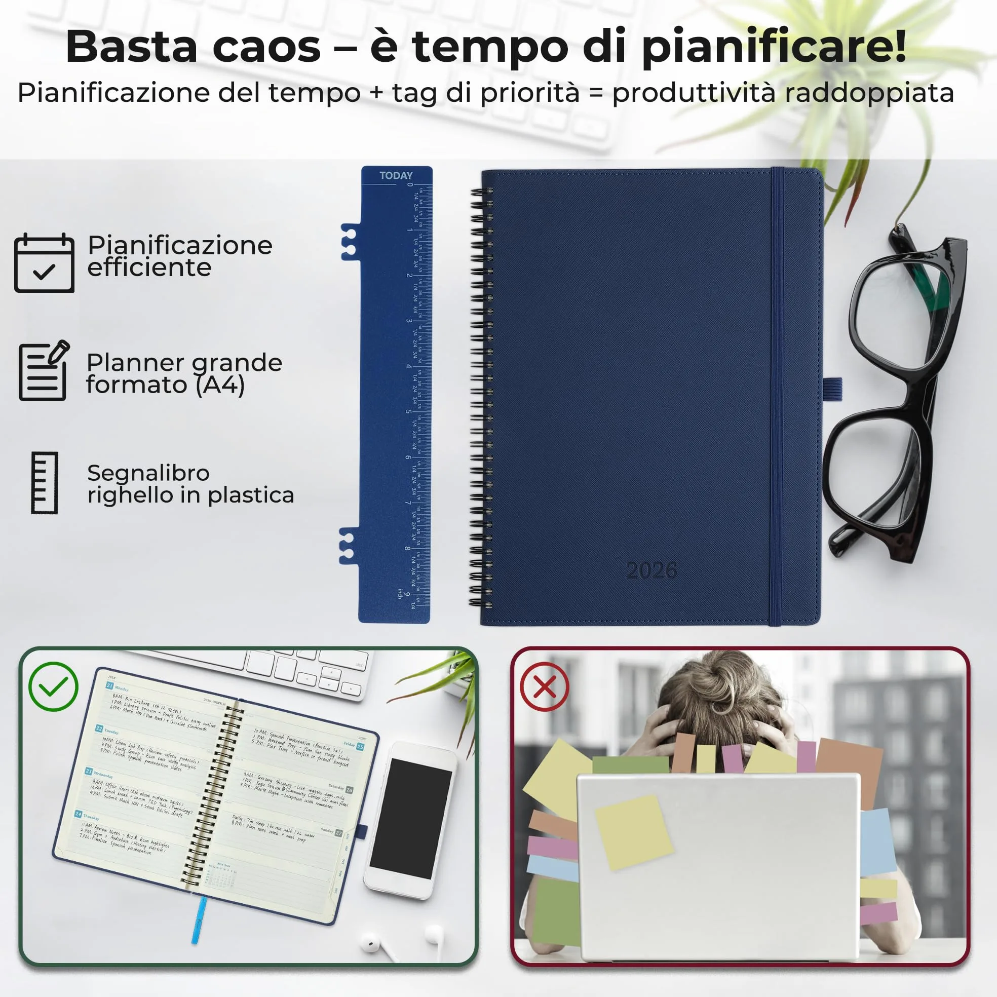 Agenda 2026 A4: Diario ad anelli 29x21,7 cm, Pianificatore settimanale & giornaliero, 12 mesi Gen–Dic, carta 100 g/m², pelle PU Blu marino