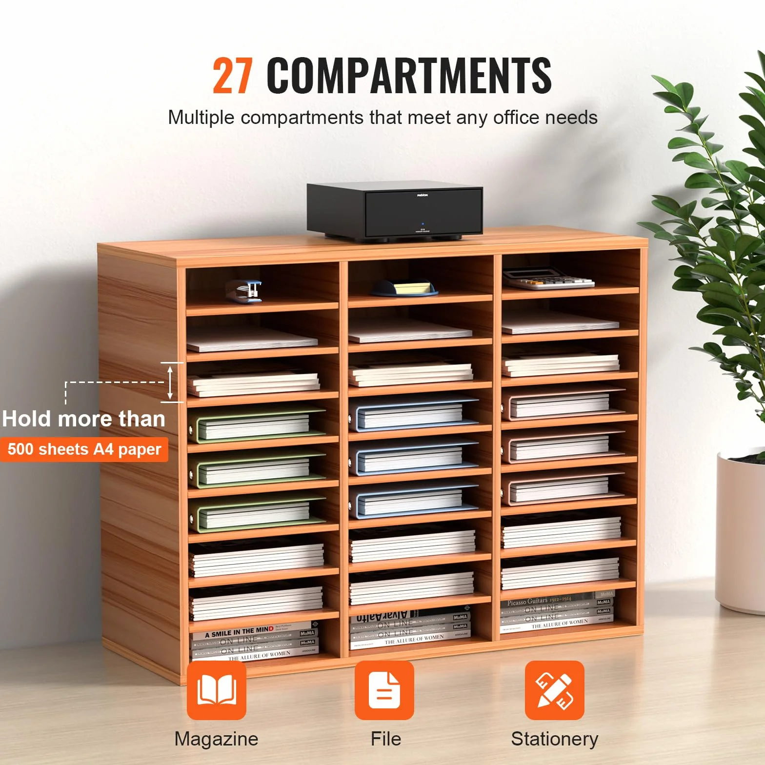 VEVOR Cassetto Mobiletto Portadocumenti max. 27 Scomparti Portadocumenti, Cassetto Portadocumenti in Legno Materiale MDF Organizzatore in Legno per Documenti Carte Riviste File per Ufficio, Scuola