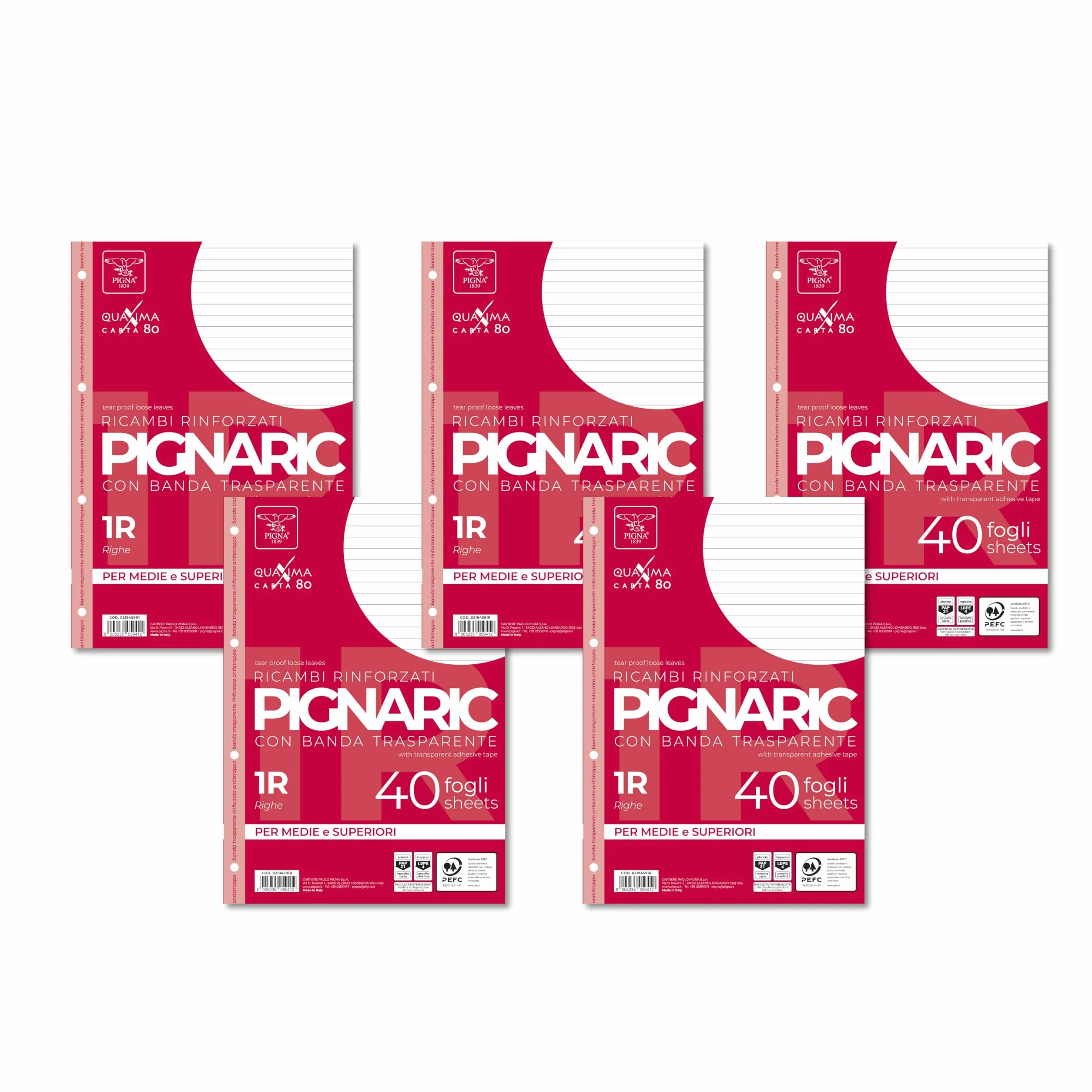 Pigna Confezione 40 fogli A4 ricambi quaderno anelli 4 fori rinforzati 1R righe