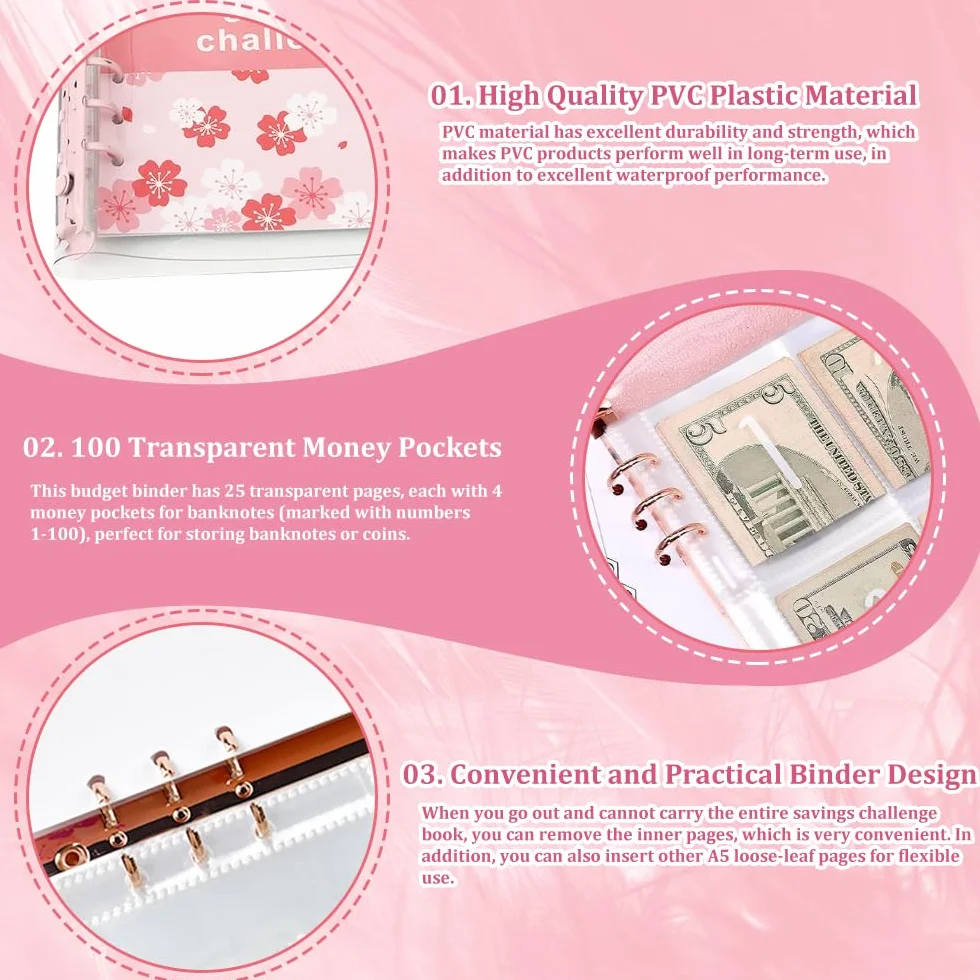 A5 Raccoglitore per Risparmiare Denaro con Buste Trasparenti, Diario Money Saving, Risparmio Divertente €10000/€5050/€500 - Rosa