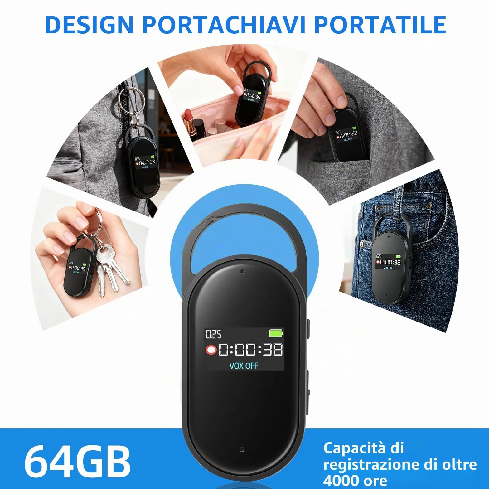 64GB Registratore Vocale - PortatileMini Registratore Audio Digitale Professionale Con Attivazione Vocale e MP3, Design a Portachiavi, AGC Riduzione del rumore, Lezioni, Riunioni, S29 (Black)