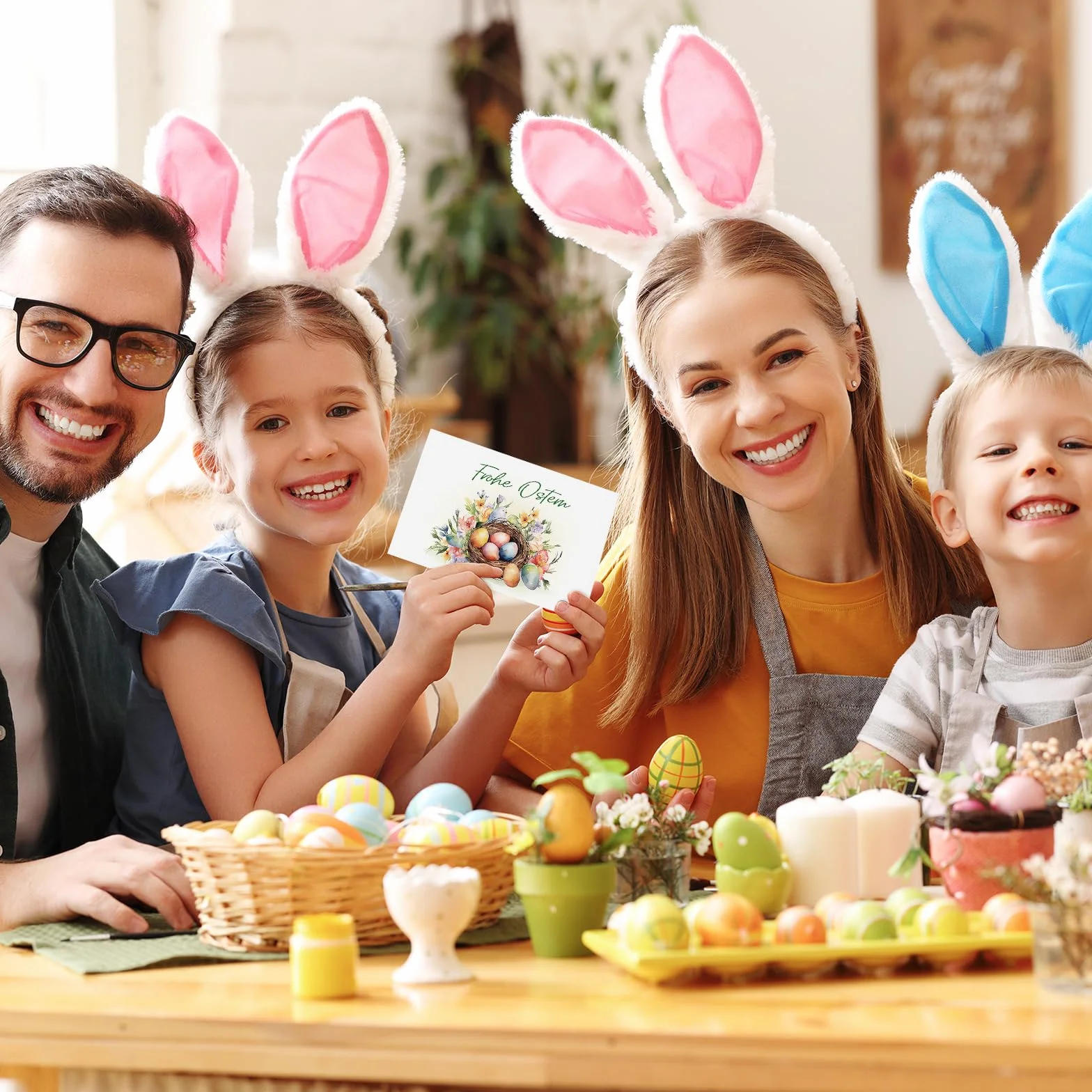 Zestaw 12 niemieckich kartek wielkanocnych z kopertami, otwieranych, z zajączkami i jajkami, Happy Easter