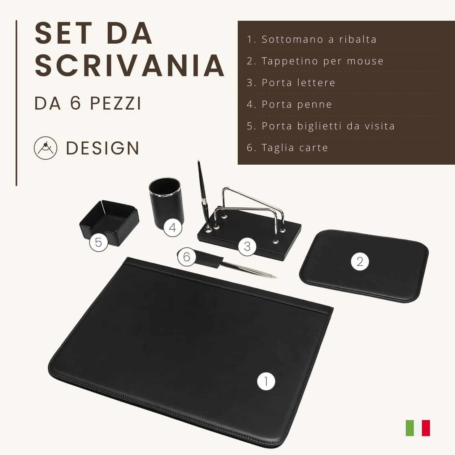 Set da Scrivania 6 Pezzi Pelle Pieno Fiore Fatto a Mano in Italia Nero