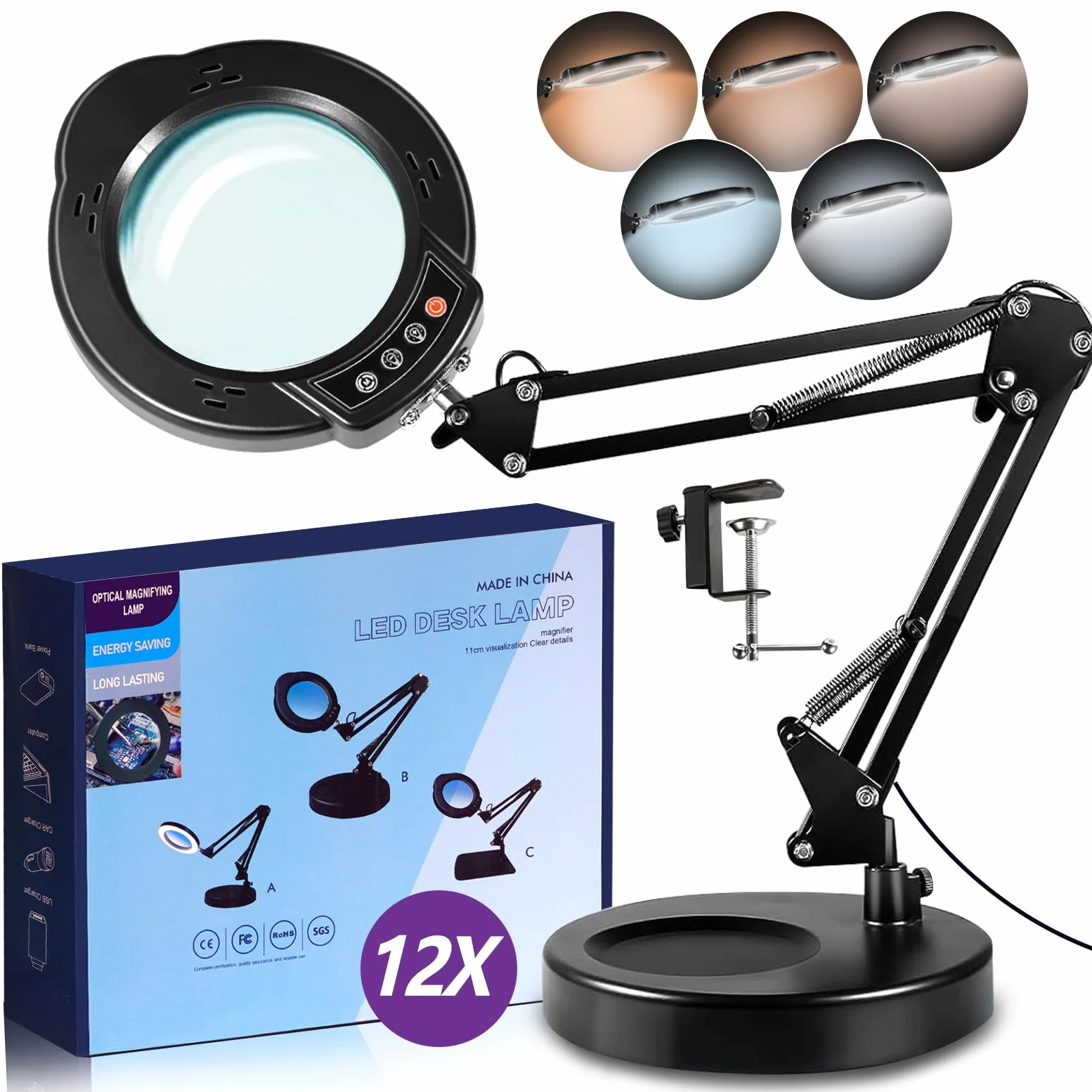 12X Lente di Ingrandimento con Luce，5 modi di colore， aggiornamento 84 LED lupa lampada, stand lupa con illuminazione per lavori da vicino, hobby, dipingere, leggere, riparazione (Black)