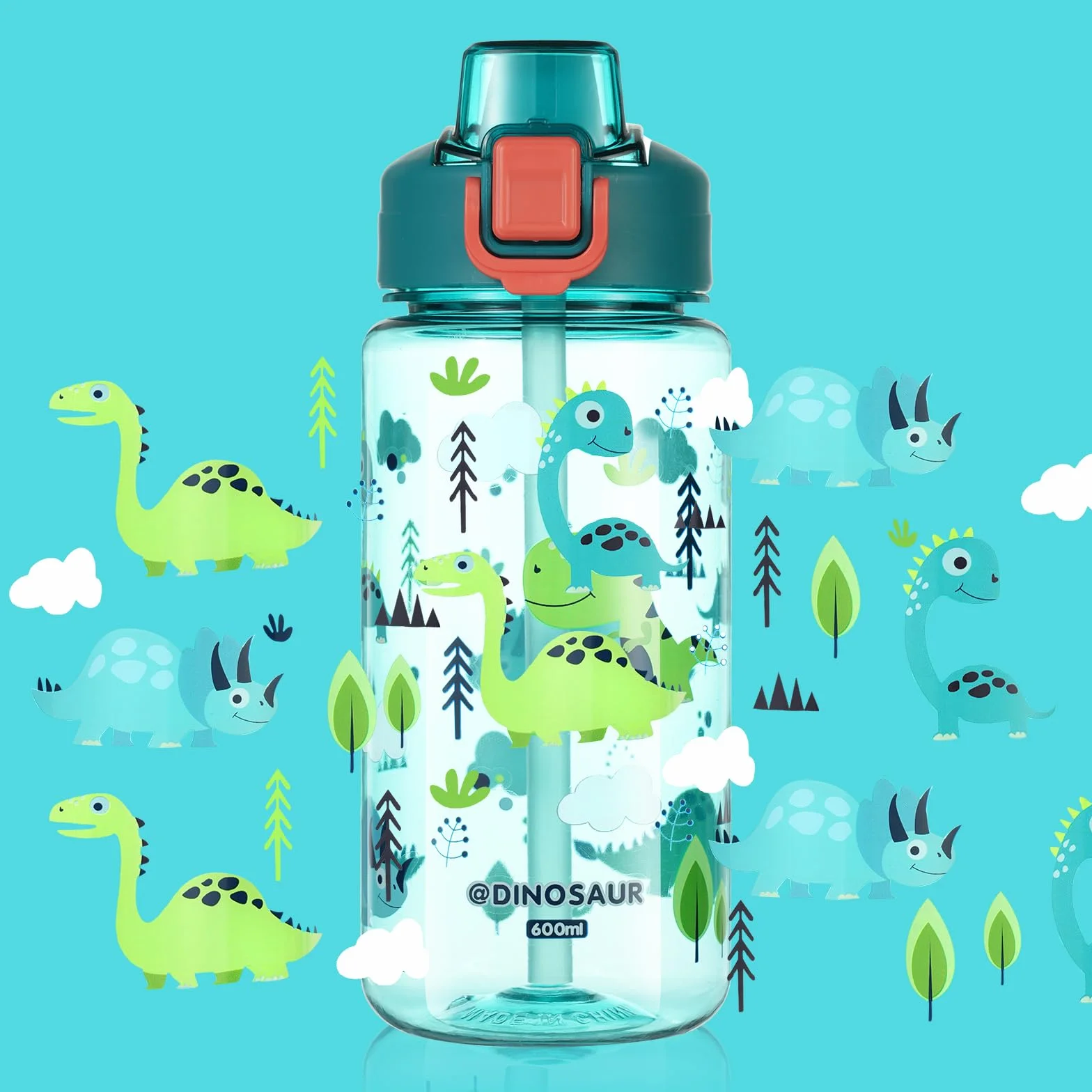 Flintronic Borraccia Bambini 600ML Senza BPA Bottiglia Acqua Cannuccia Prova Perdita Dinosauro