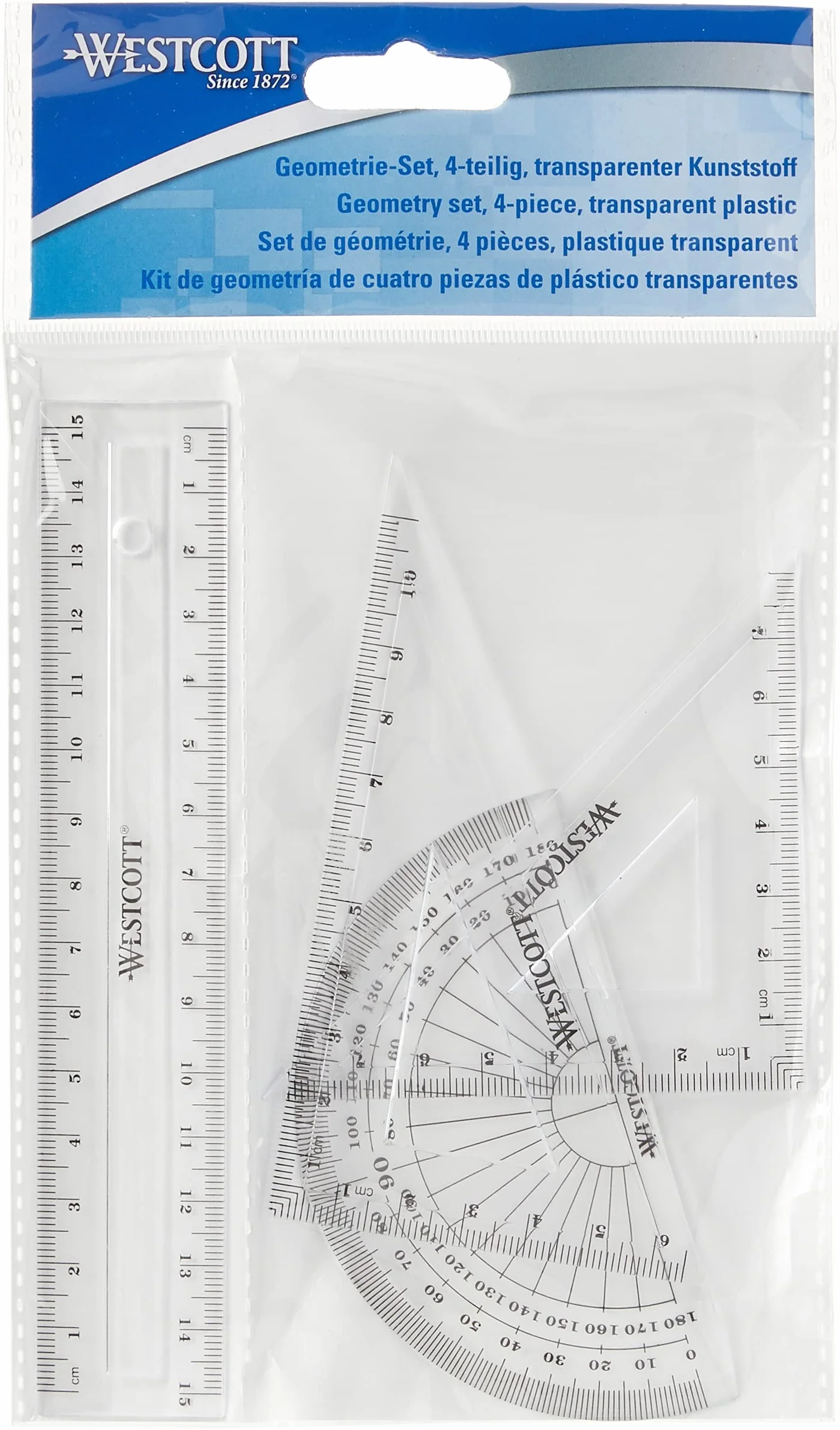 Westcott E-10303 Set matematica 4 pezzi plastica trasparente righello 15 cm goniometro