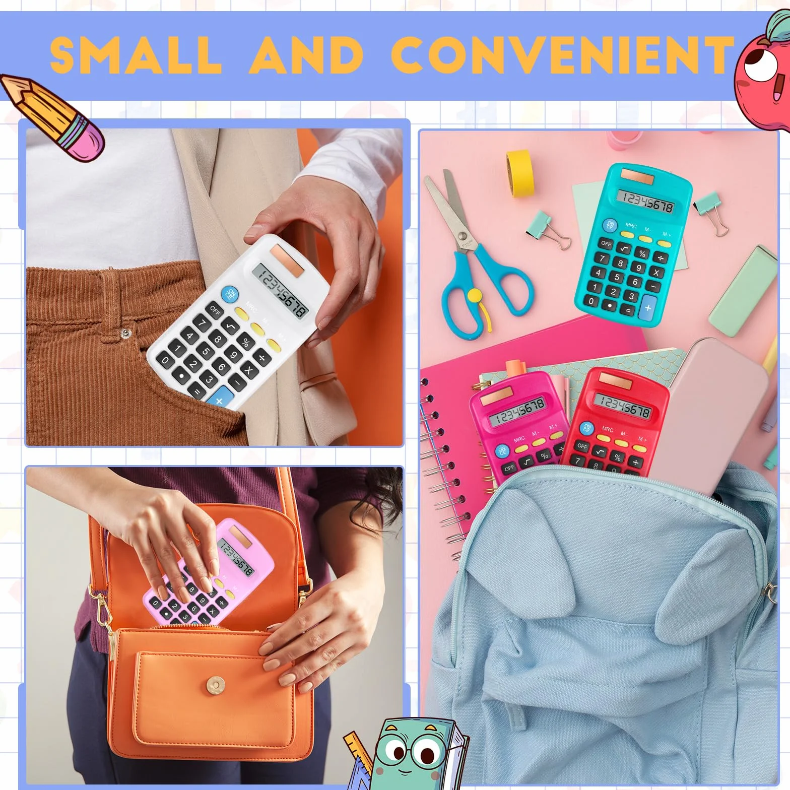 Confezione da 24 mini calcolatrici tascabili per studenti ad angolo portatile, display a 8 cifre, batteria solare, doppia alimentazione, piccola calcolatrice per studenti, bambini, casa, ufficio (12