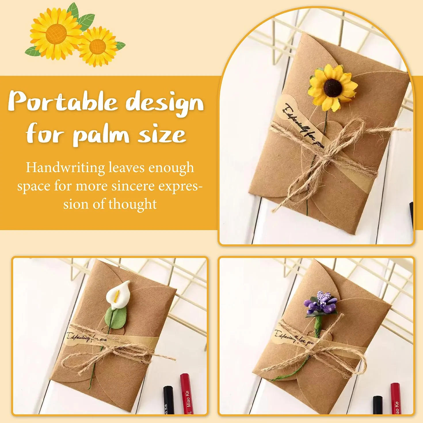 Kraft Papier Retro Grußkarten mit Umschlägen, 8 Stück, Trockenblumen, für Hochzeit Geburtstag Weihnachten