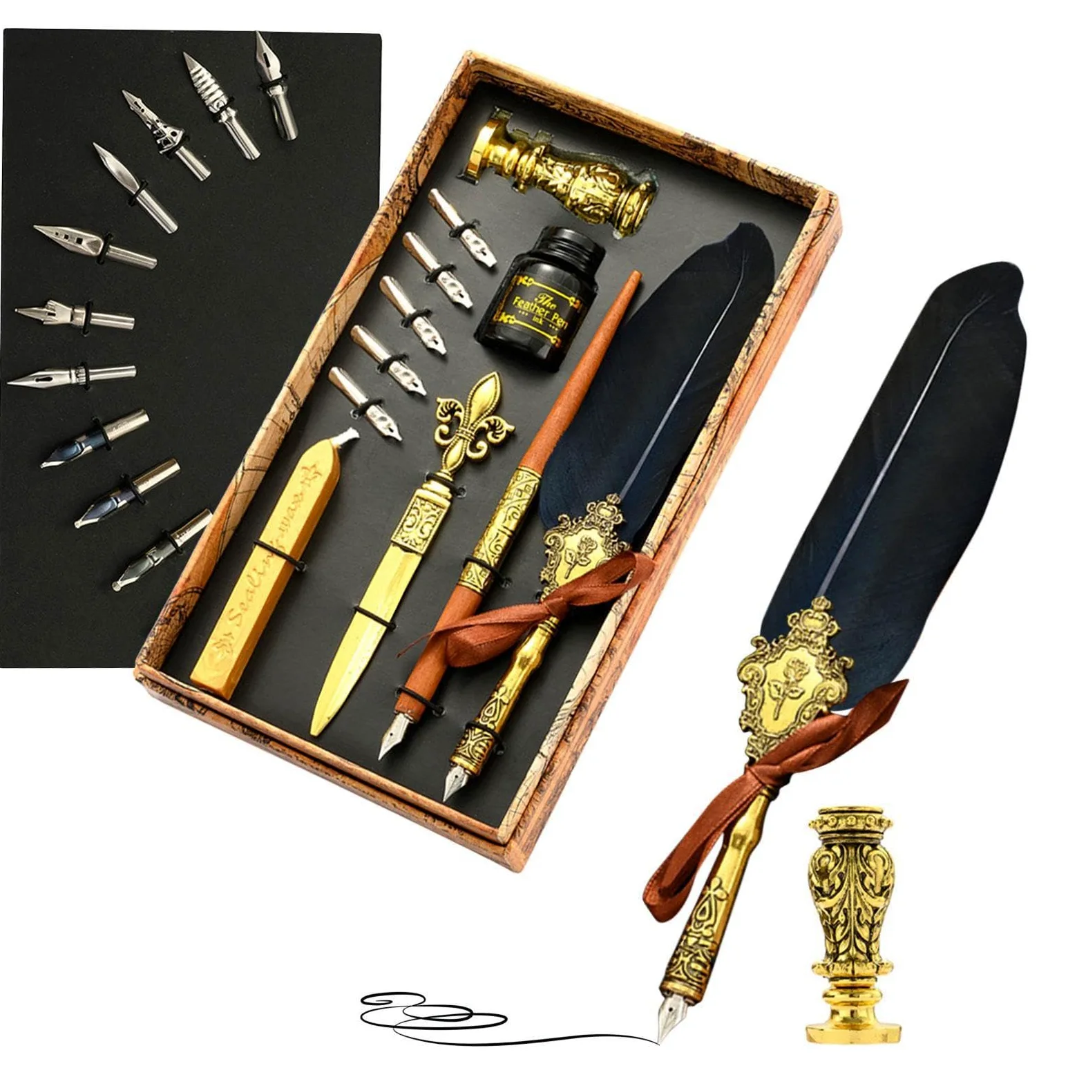 Set di inchiostro per calligrafia vintage, penna a immersione | ceralacca, sigillo, strumento per buste, il miglior set regalo per scrivere, disegnare, firmare