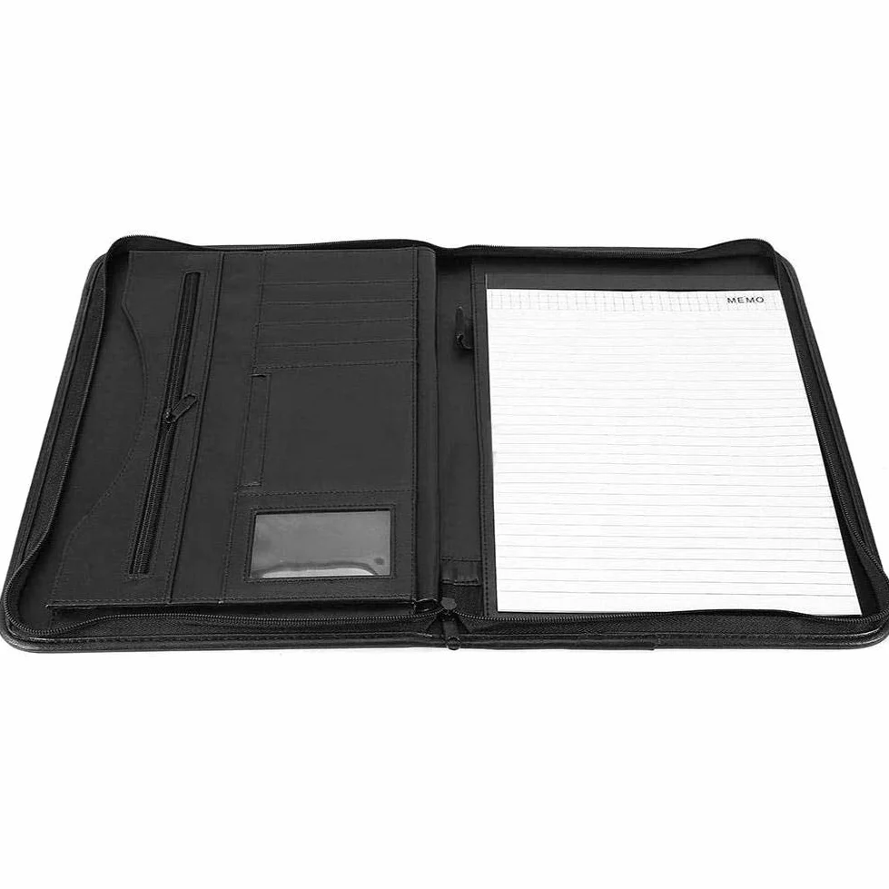 Cartella Portadocumenti A4 Pelle con Cerniera, Cartelle Porta Documenti Organizer Borsa per Conferenza, con fessure e porta biglietti, Nero