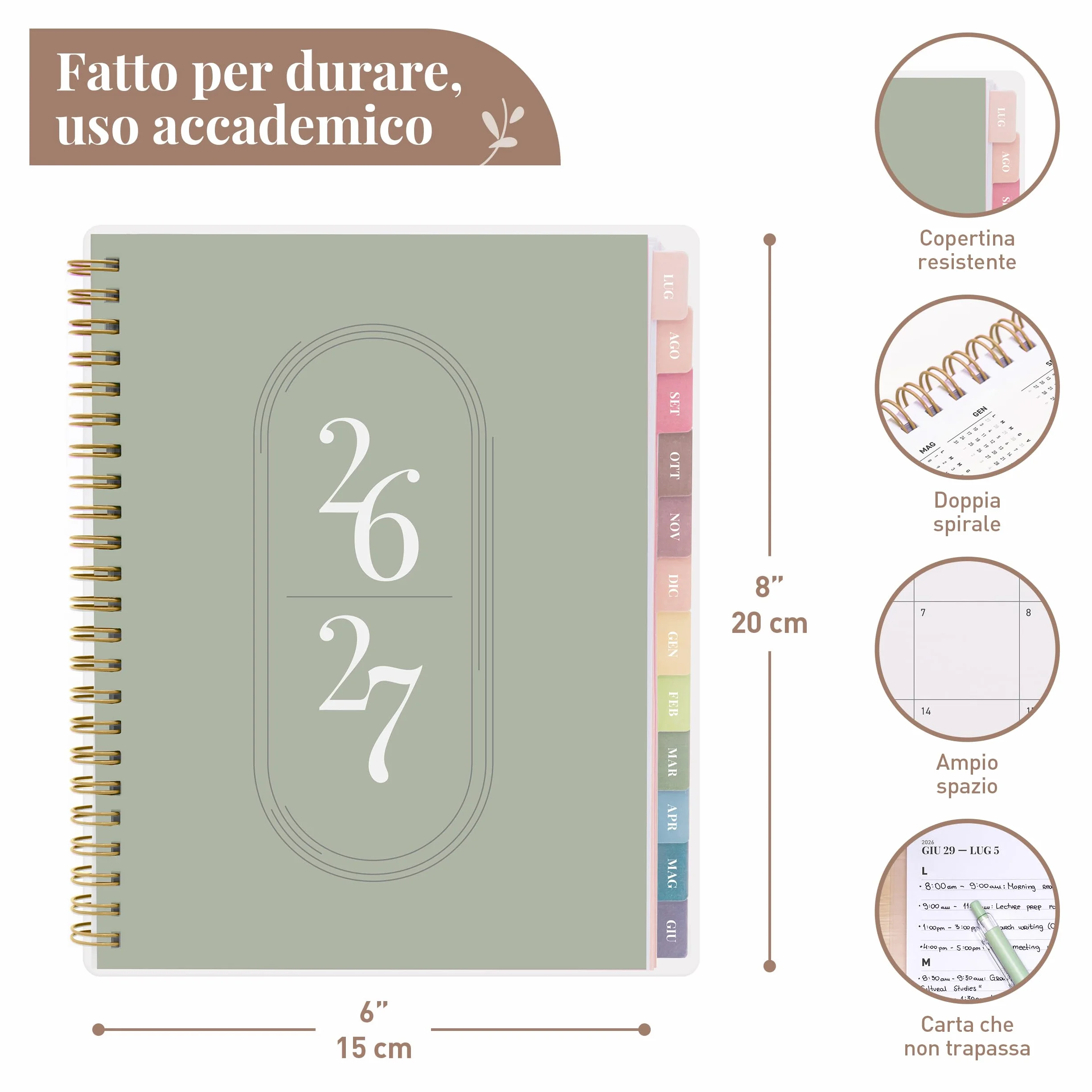 Rileys Agenda Accademica 2026–2027 Settimanale con Giornaliera Planner Scuola Lavoro 20x15 cm Verde Italiano
