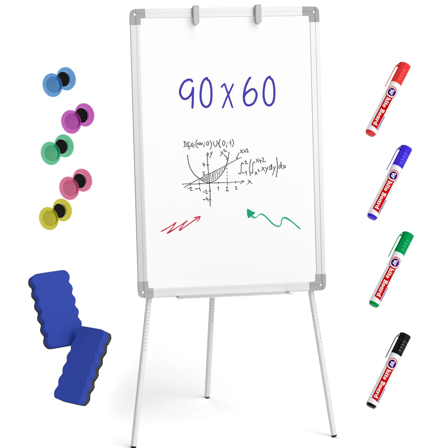 Nicpro Lavagna bianca con supporto, 90 x 60 cm, lavagna magnetica cancellabile a secco, con 4 penne, gomma, magnete, lavagna a fogli mobili, cavalletto portatile regolabile in altezza, per studenti