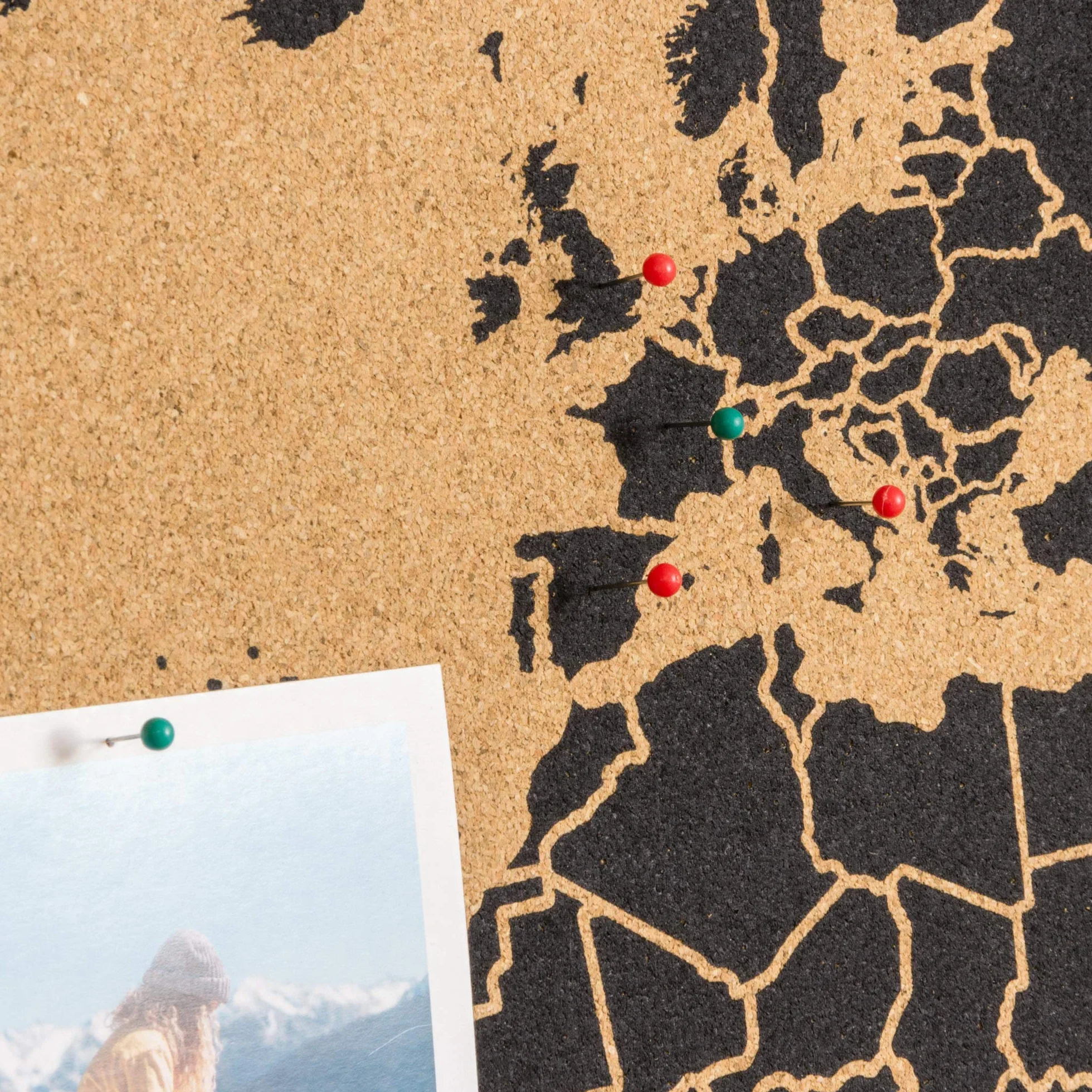 Miss Wood Map XL, Mappa del mondo di Sughero, 60 x 90 cm, Naturale/Nero