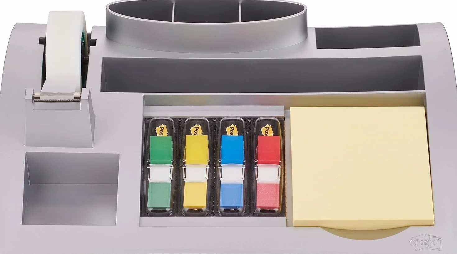 Post-it Organizer da Scrivania, Contiene una Confezione di Foglietti (100 Fogli per Blocco), 4 x 35 Segnapagina Index e Nastro Adesivo Scotch Magic, Colore Argento