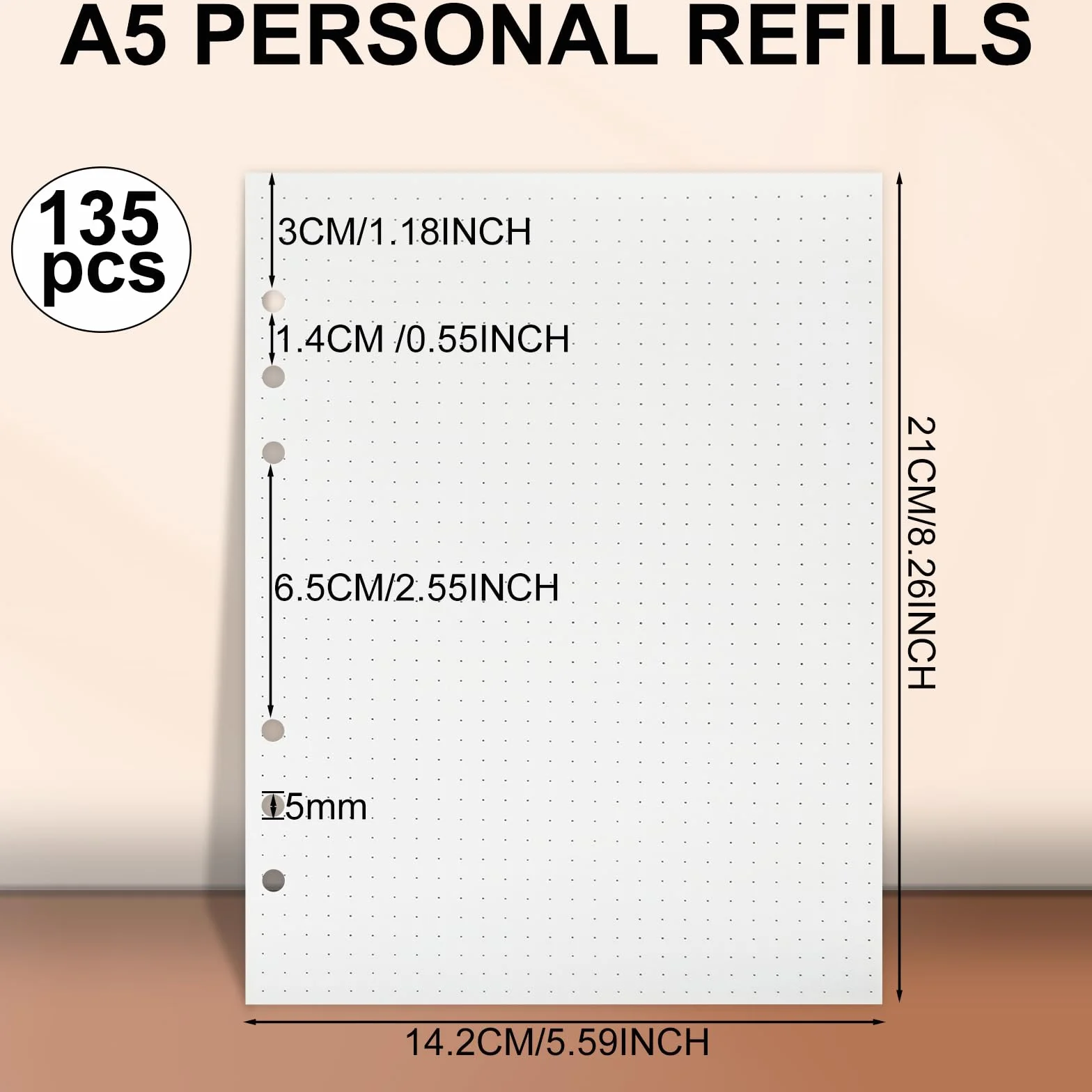 Carta A5 a pois 6 raccoglitori ad anelli 135 fogli ricaricabile bullet journal